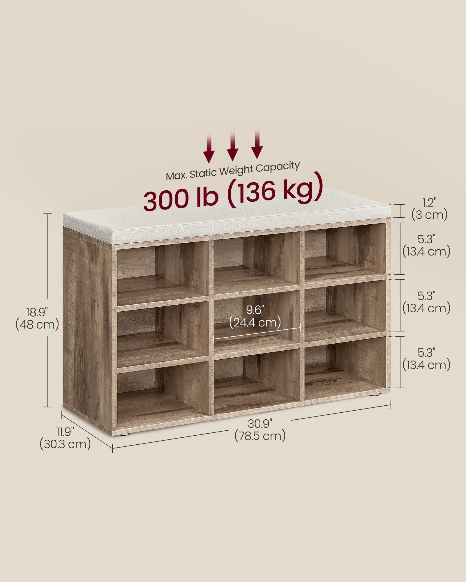 Shoe Bench - Wood - Camel Brown - Padded Seat with 9 Adjustable Compartments