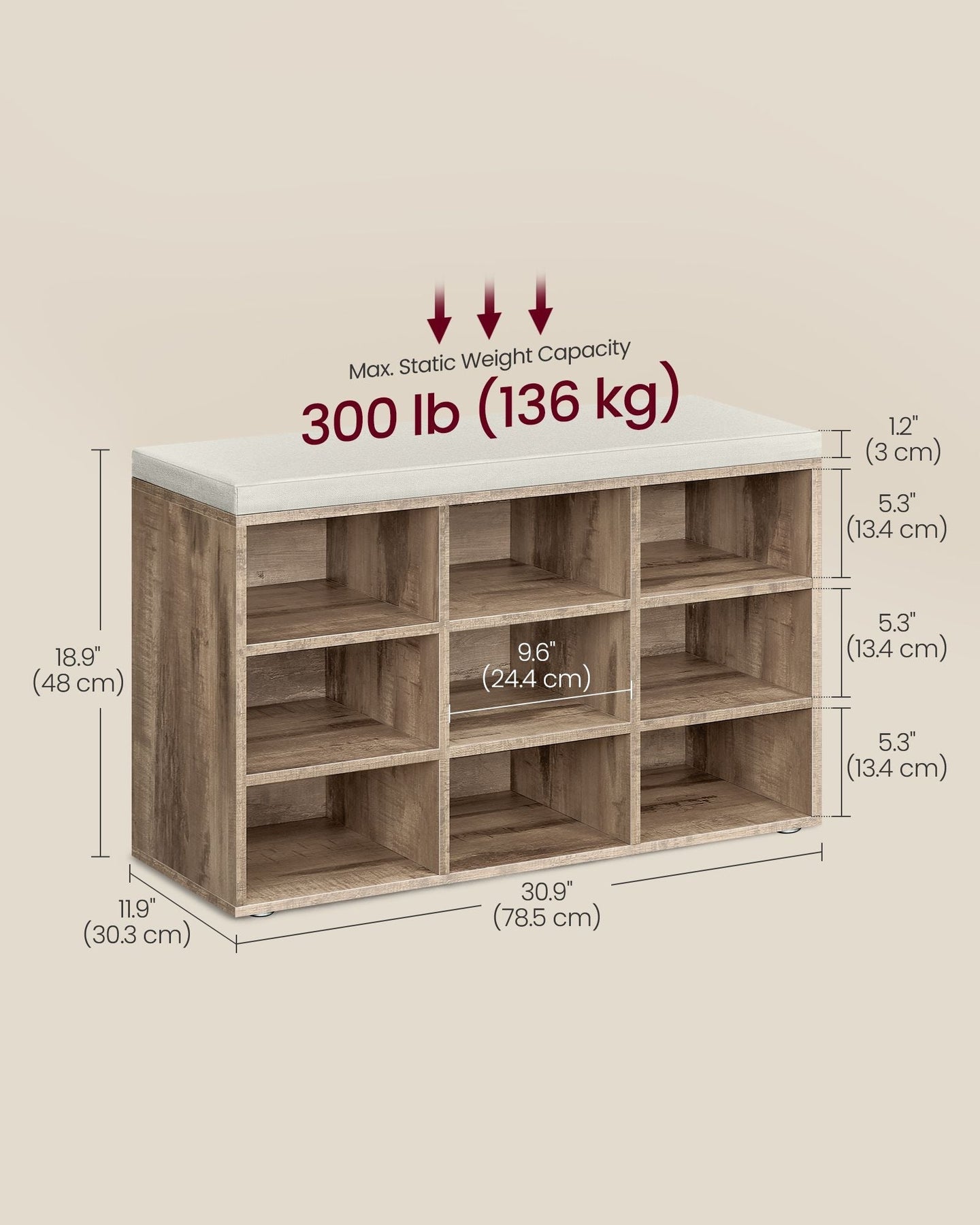 Shoe Bench - Wood - Camel Brown - Padded Seat with 9 Adjustable Compartments