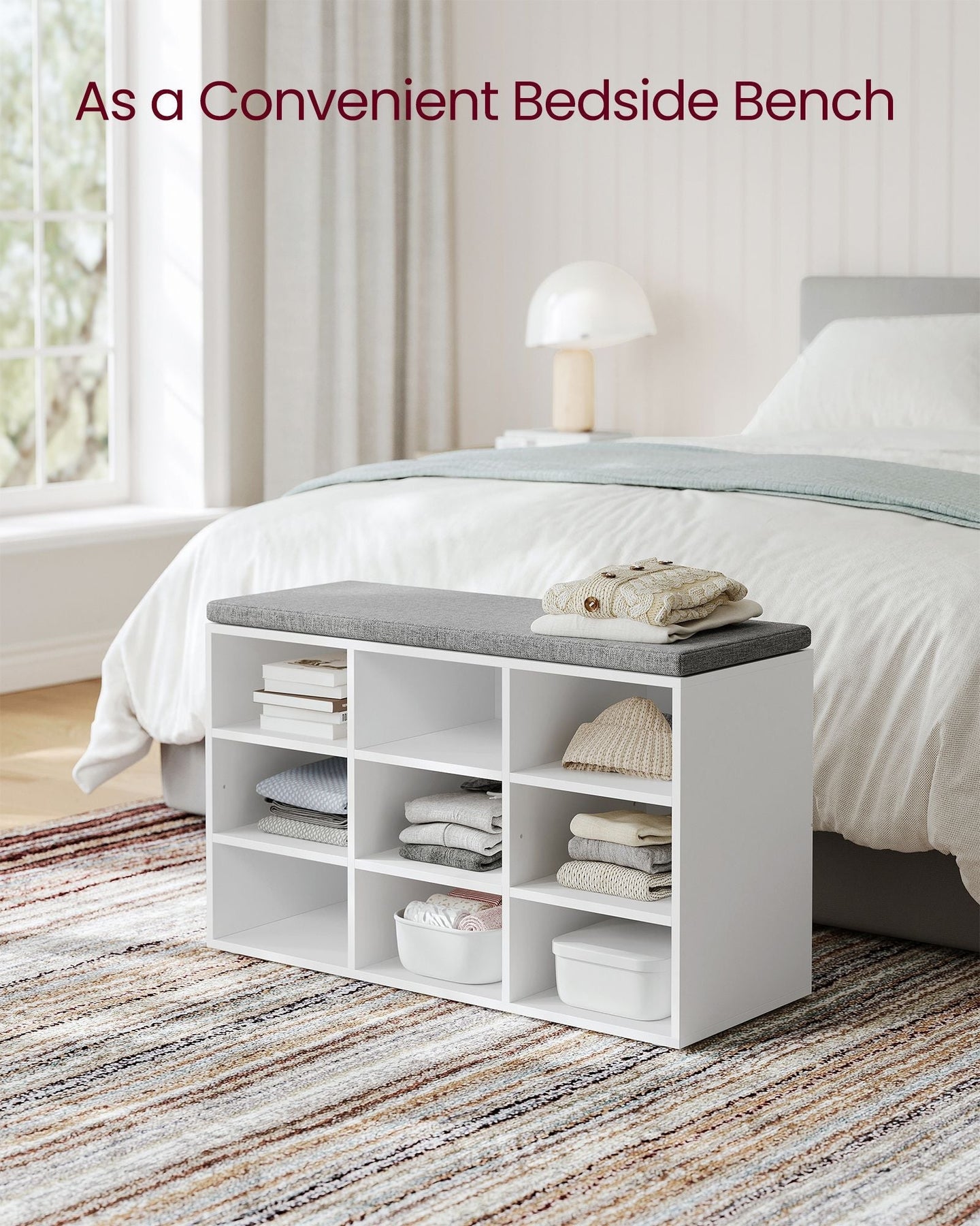 Storage Bench - Wood - White - Padded Seat with Adjustable Shelves and 9 Compartment Storage