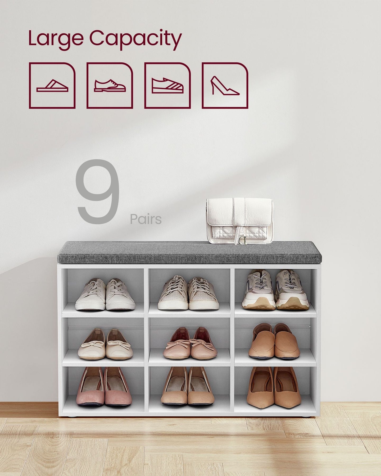 Storage Bench - Wood - White - Padded Seat with Adjustable Shelves and 9 Compartment Storage