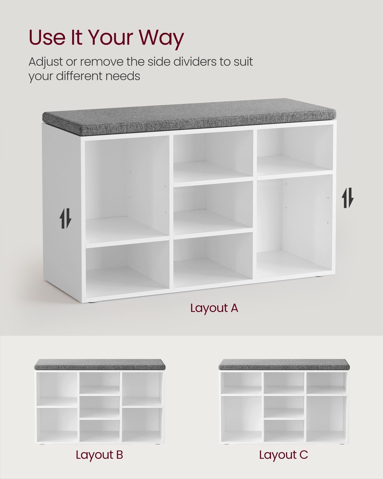 Storage Bench - Wood - White - Padded Seat with Adjustable Shelves and 9 Compartment Storage