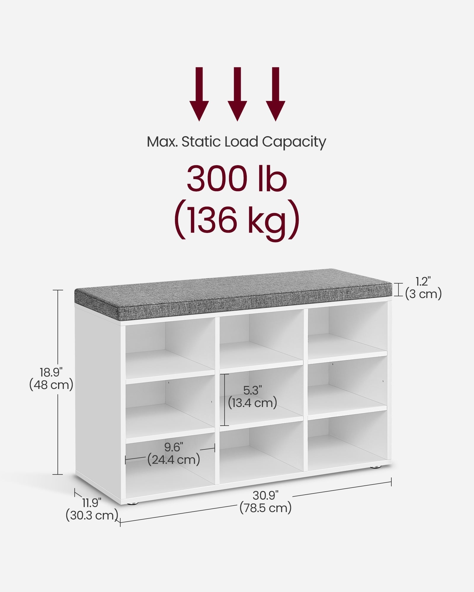 Storage Bench - Wood - White - Padded Seat with Adjustable Shelves and 9 Compartment Storage