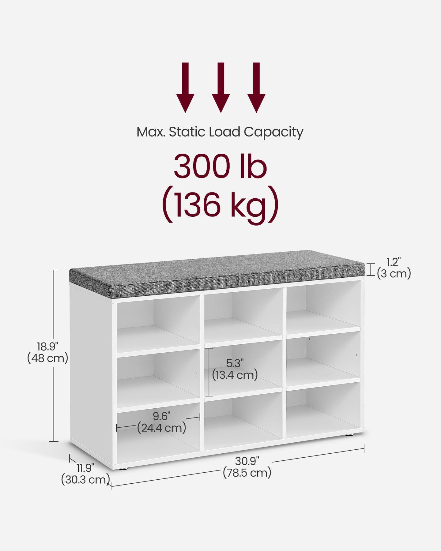 Storage Bench - Wood - White - Padded Seat with Adjustable Shelves and 9 Compartment Storage