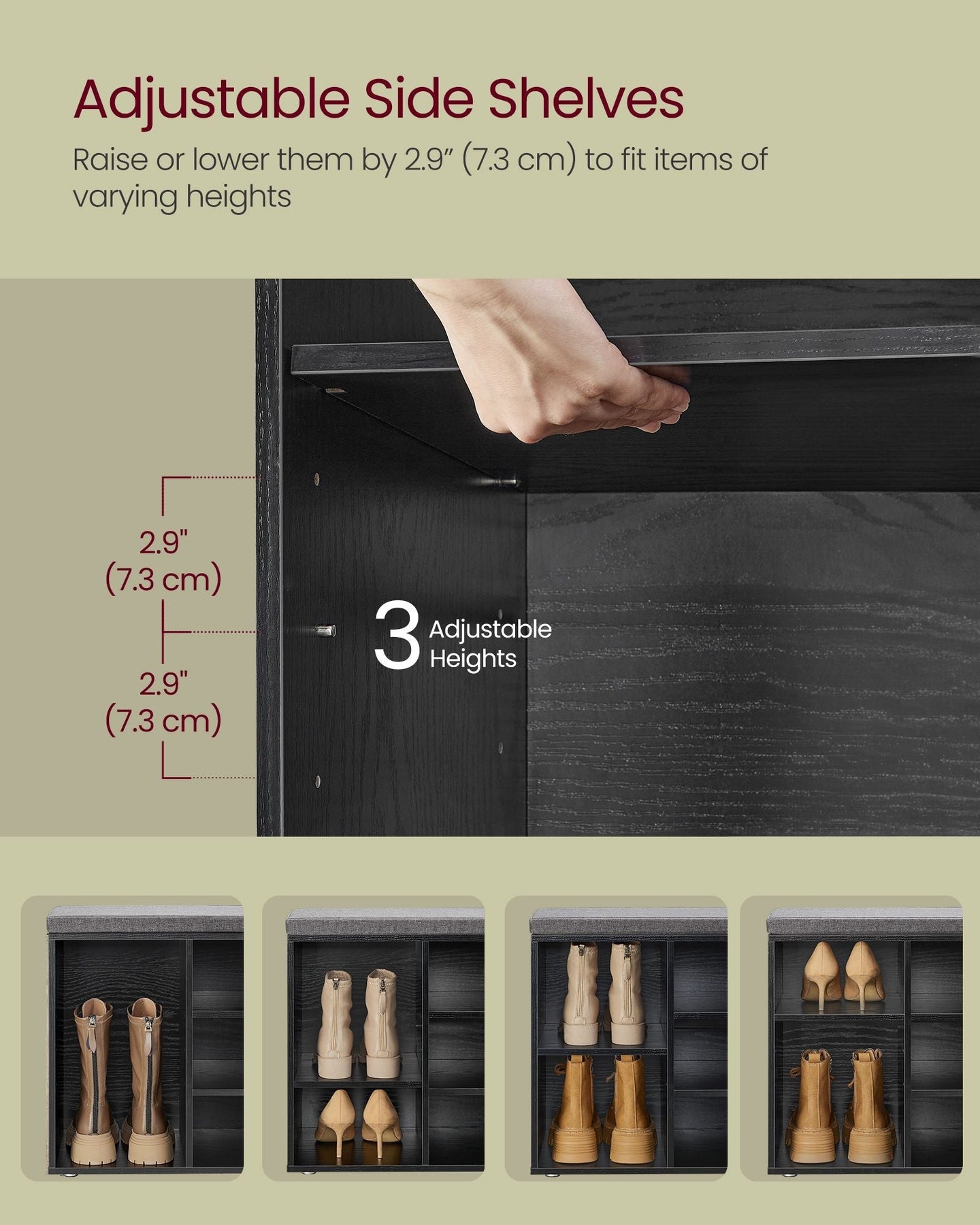 Shoe Bench - Wood - Ebony Black - Padded Seat with 9 Compartment Storage