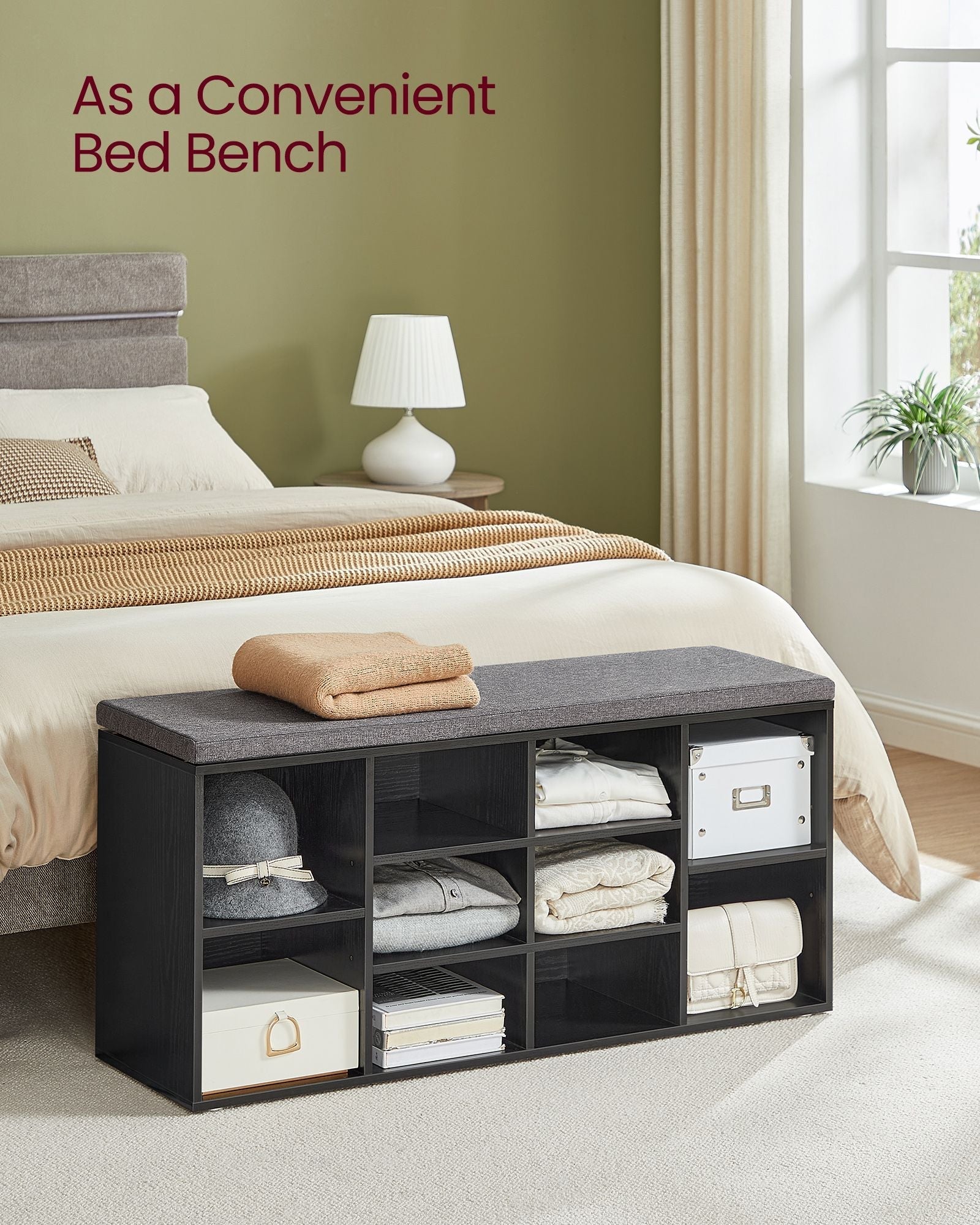 Shoe Bench - Wood - Ebony Black - Padded Seat with 9 Compartment Storage