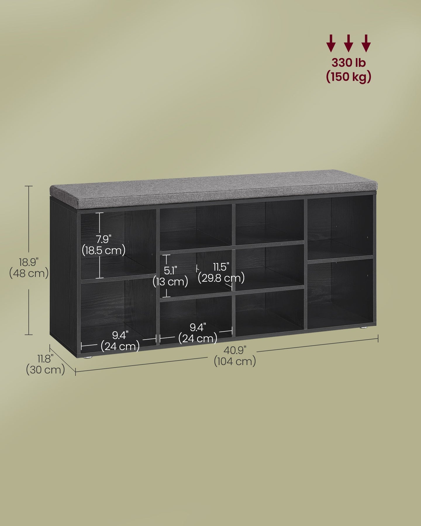 Shoe Bench - Wood - Ebony Black - Padded Seat with 9 Compartment Storage