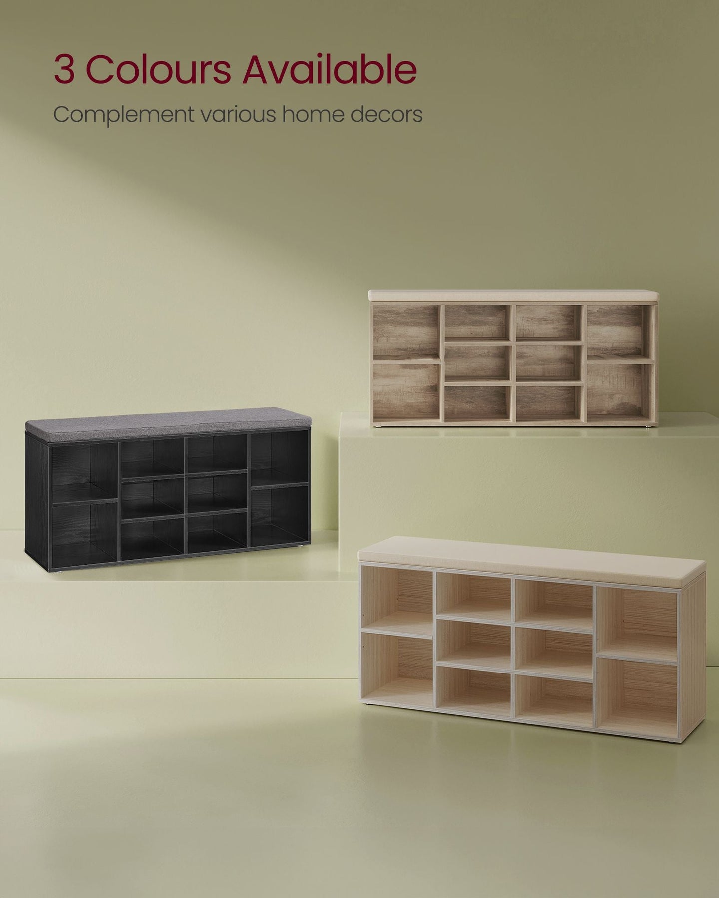 Shoe Bench - Wood - Ebony Black - Padded Seat with 9 Compartment Storage