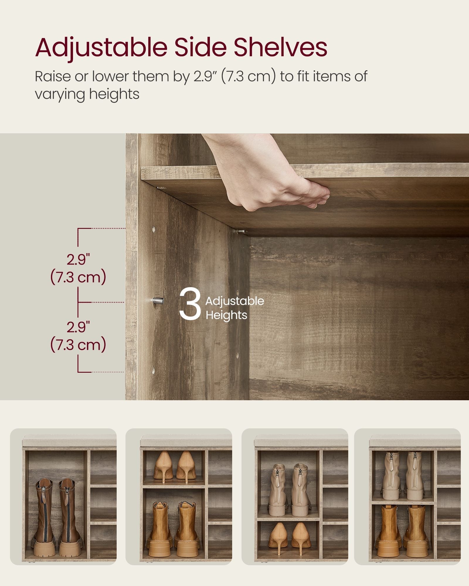 Shoe Bench - Wood - Camel Brown - Padded Seat with 9 Adjustable Compartments