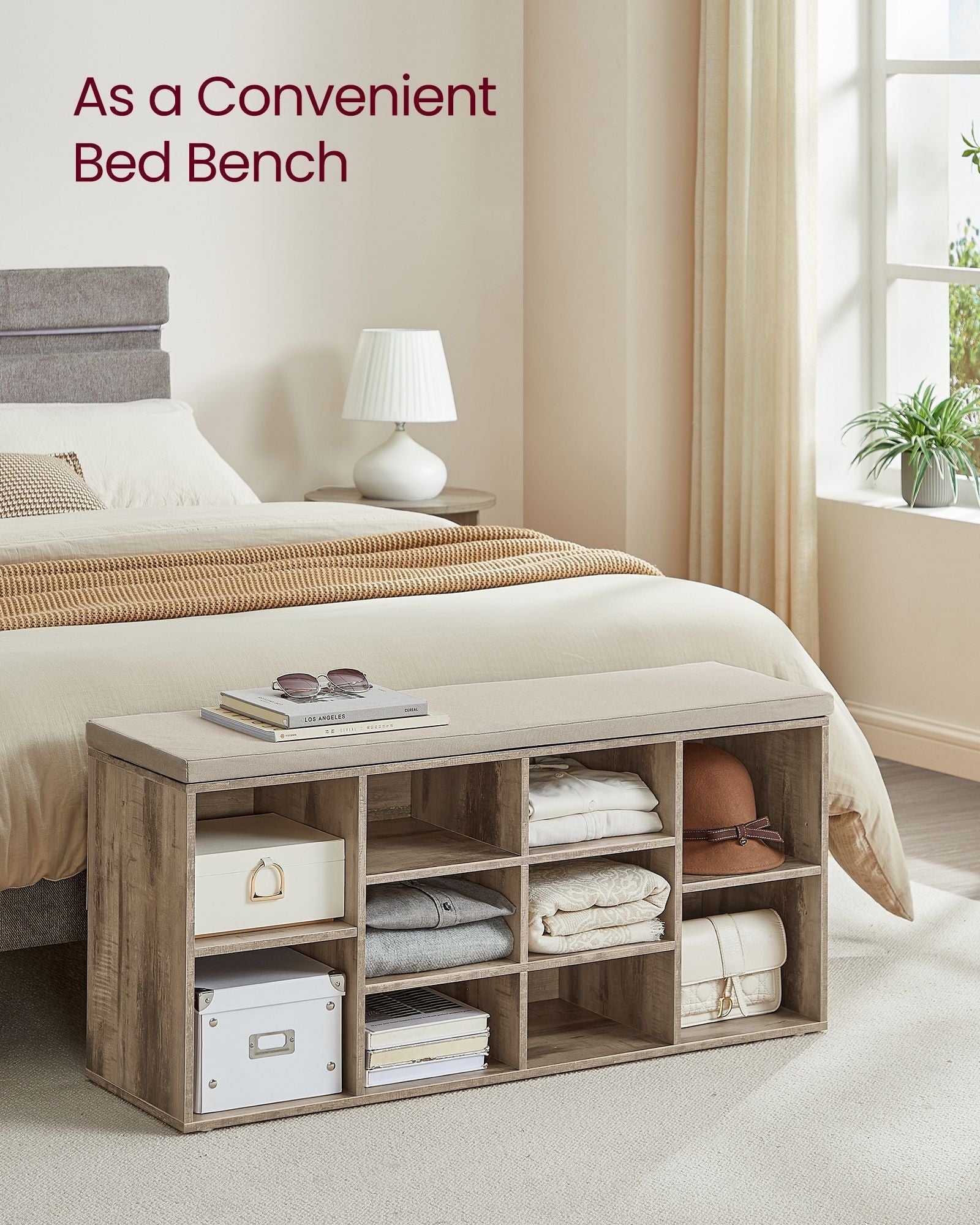 Shoe Bench - Wood - Camel Brown - Padded Seat with 9 Adjustable Compartments