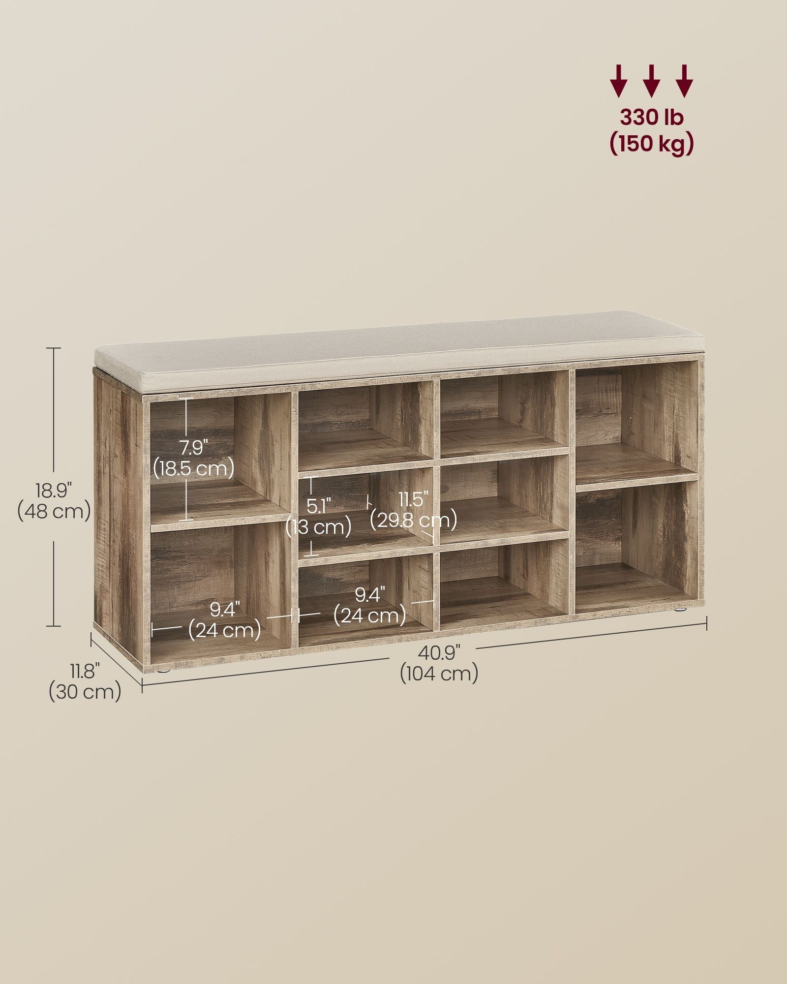 Shoe Bench - Wood - Camel Brown - Padded Seat with 9 Adjustable Compartments