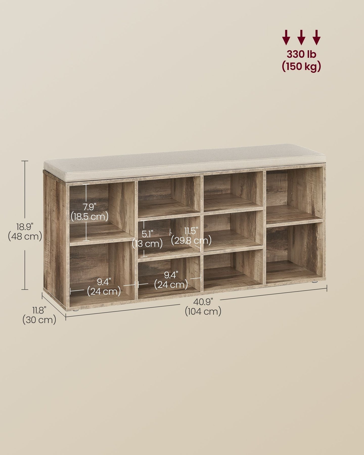 Shoe Bench - Wood - Camel Brown - Padded Seat with 9 Adjustable Compartments