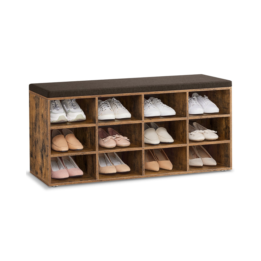 Shoe Bench - Wood - Classic White - Padded Seat with 12 Adjustable Compartments
