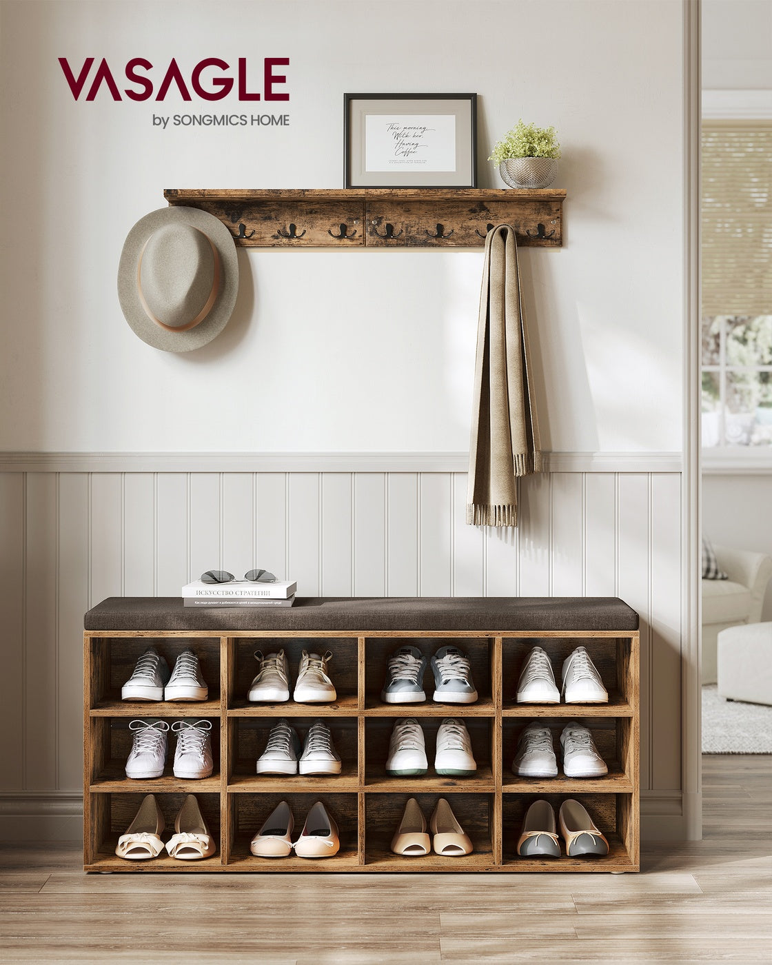 Shoe Storage Bench - Wood - White - Padded Seat with 12 Compartments