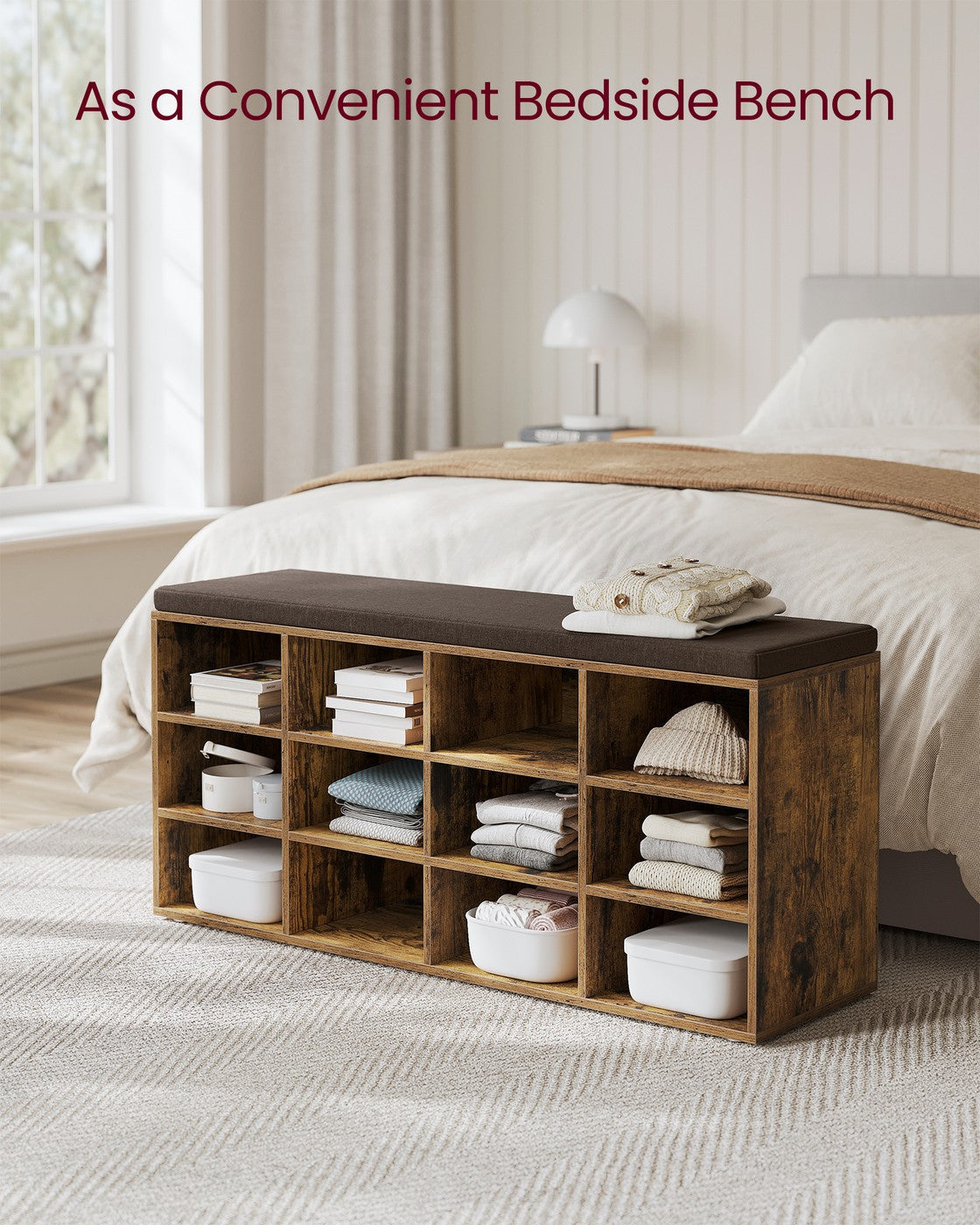 Shoe Bench - Wood - Classic White - Padded Seat with 12 Adjustable Compartments