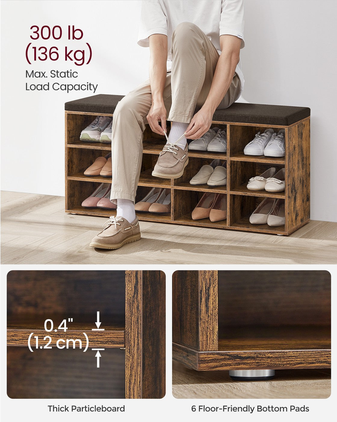 Shoe Bench - Wood - Classic White - Padded Seat with 12 Adjustable Compartments