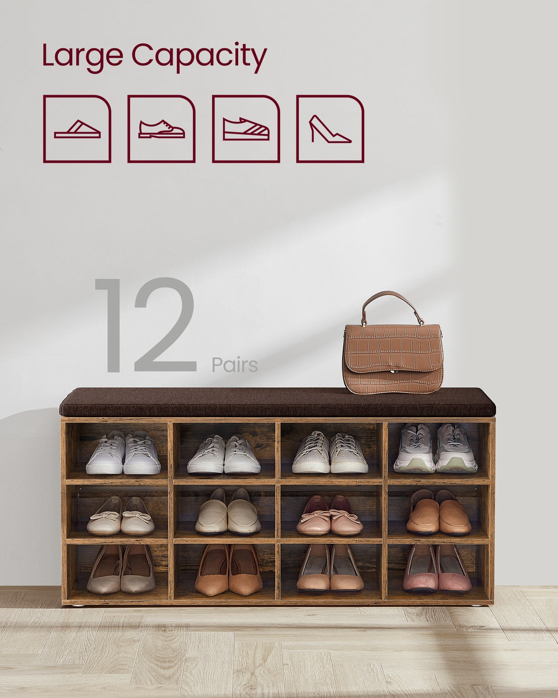 Storage Bench - Engineered Wood - Rustic Brown - Padded Seat with 12 Compartments