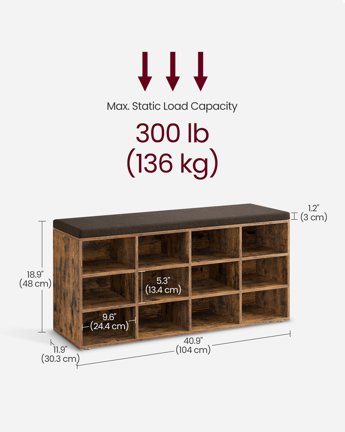 Storage Bench - Engineered Wood - Rustic Brown - Padded Seat with 12 Compartments
