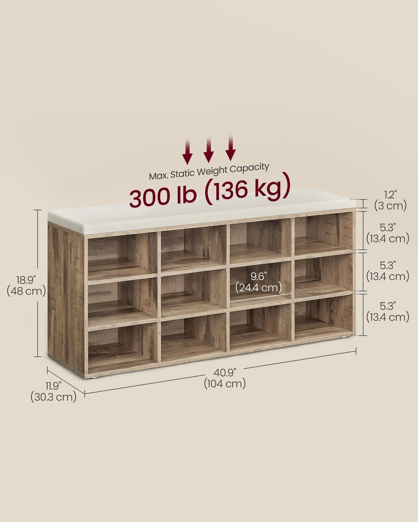 Shoe Bench - Wood - Camel Brown - Padded Seat with Adjustable Compartments