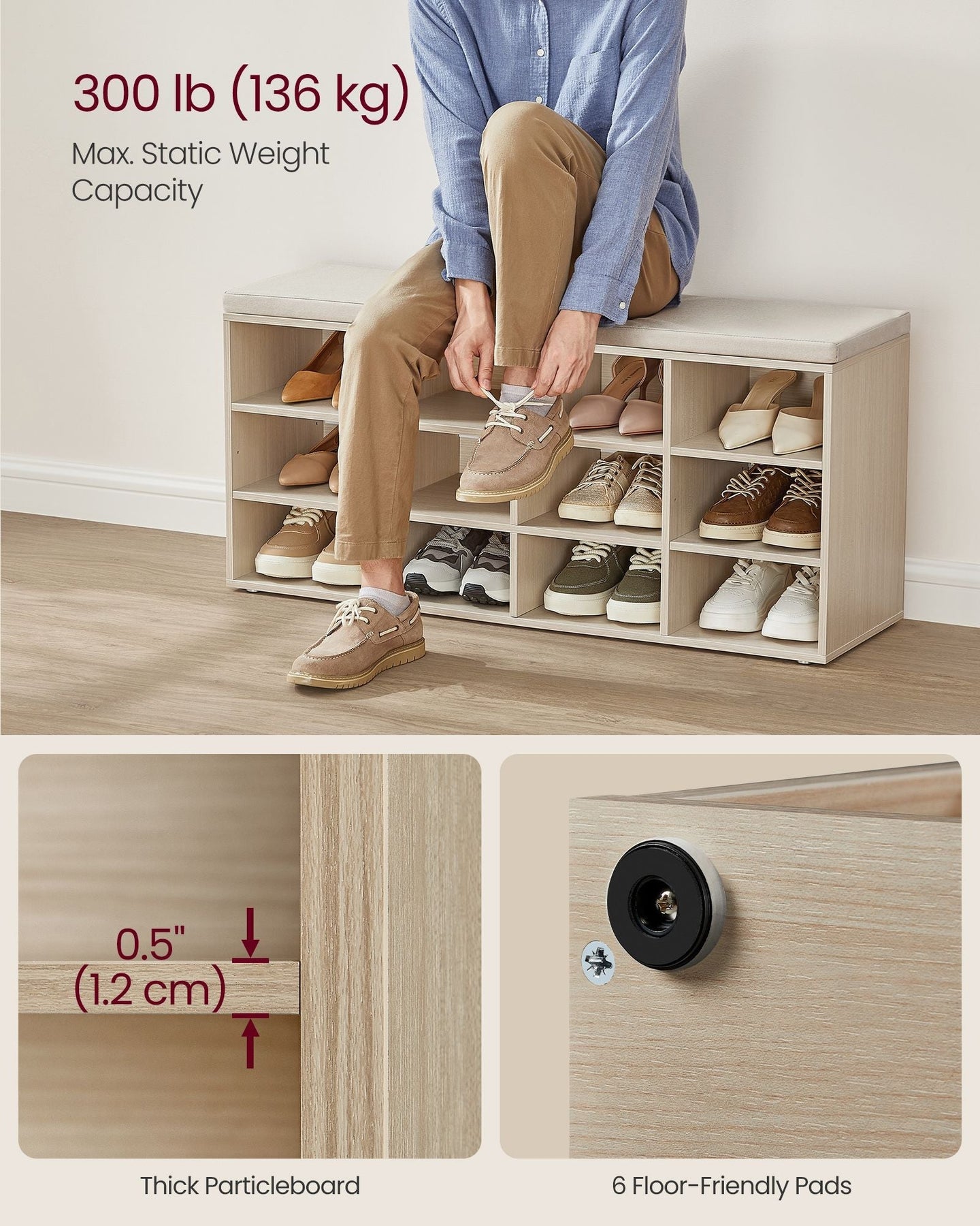 Storage Bench - Wood - Natural Beige - Padded Seat with 12 Compartments
