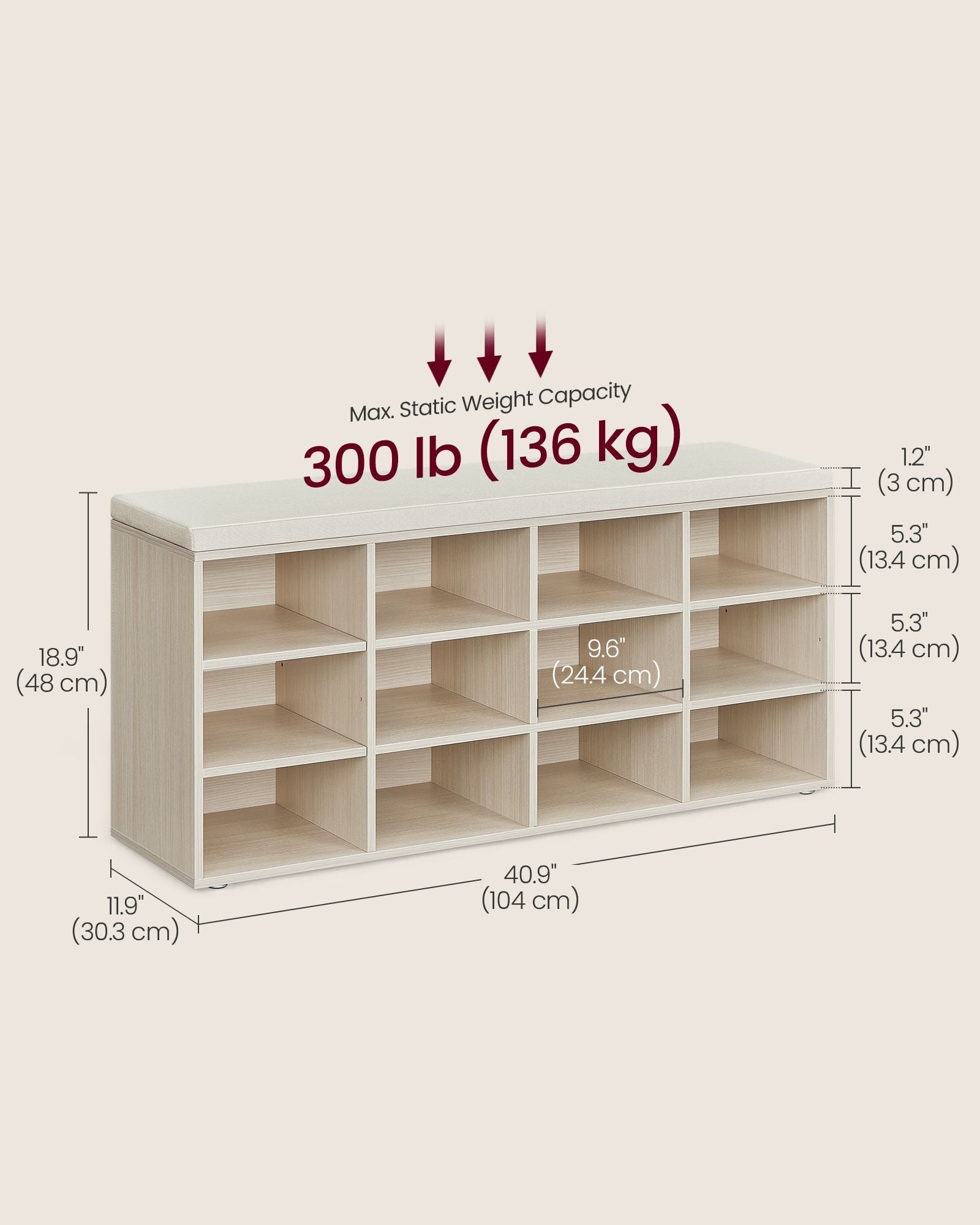 Storage Bench - Wood - Natural Beige - Padded Seat with 12 Compartments