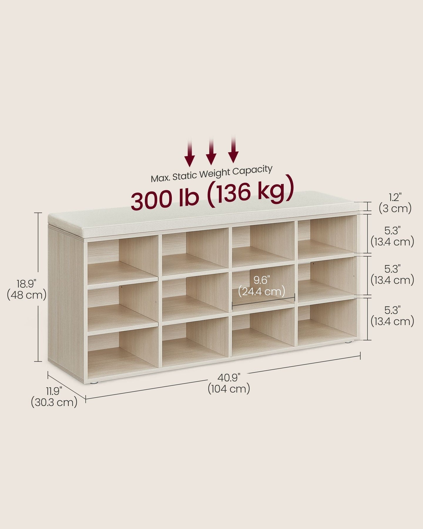 Storage Bench - Wood - Natural Beige - Padded Seat with 12 Compartments