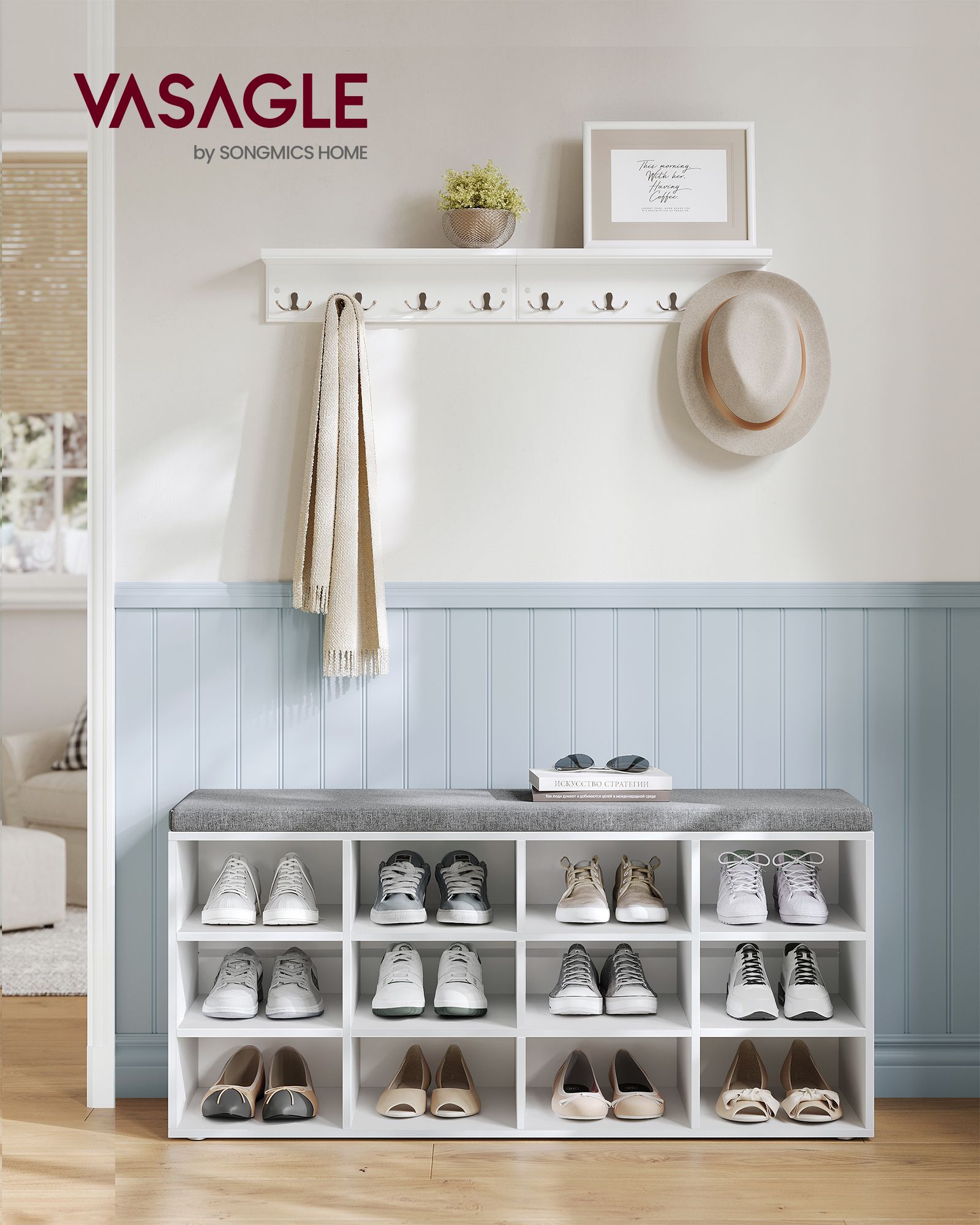 Shoe Bench - Wood - Classic White - Padded Seat with 12 Adjustable Compartments