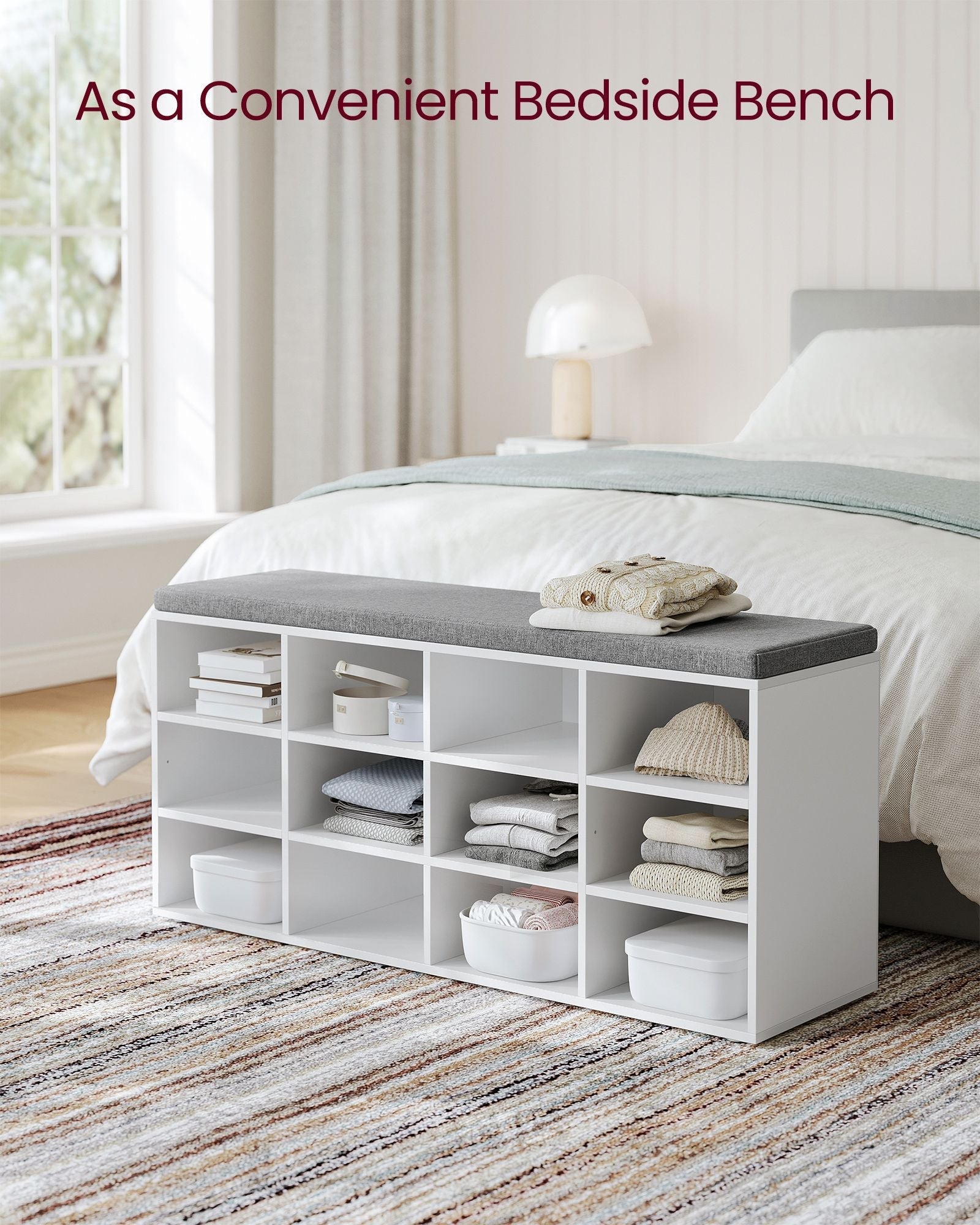 Shoe Bench - Wood - Classic White - Padded Seat with 12 Adjustable Compartments