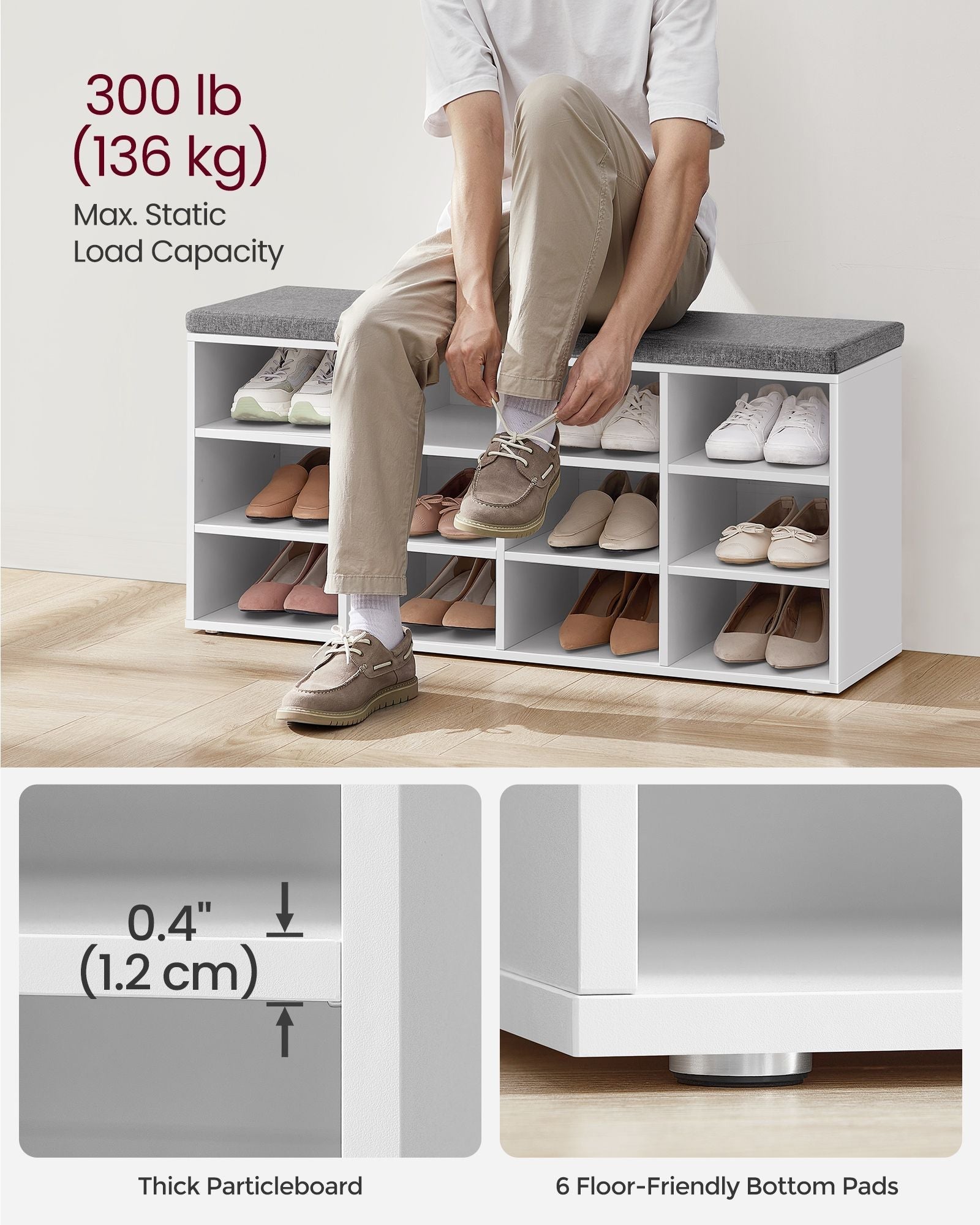 Shoe Bench - Wood - Classic White - Padded Seat with 12 Adjustable Compartments