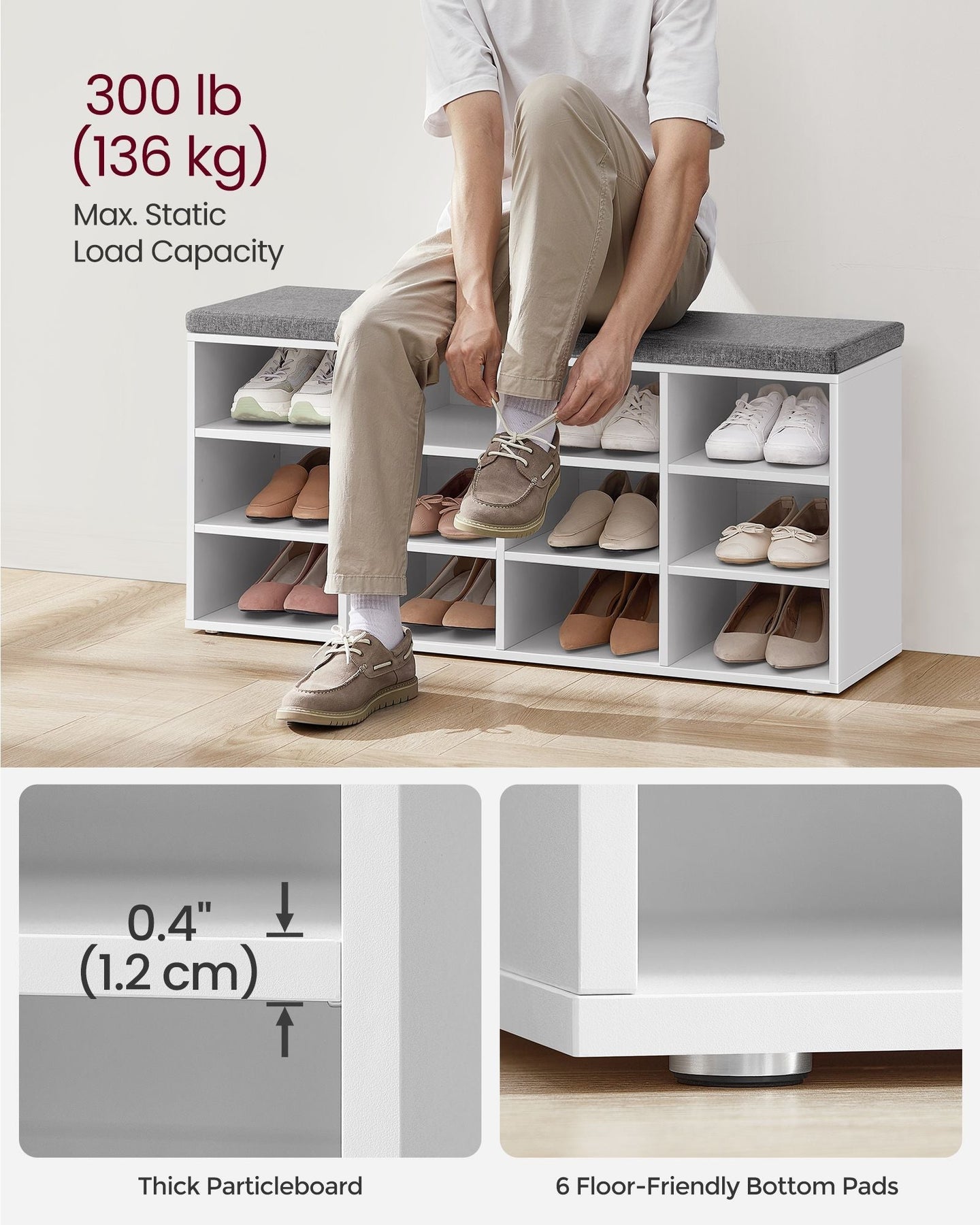Shoe Bench - Wood - Classic White - Padded Seat with 12 Adjustable Compartments
