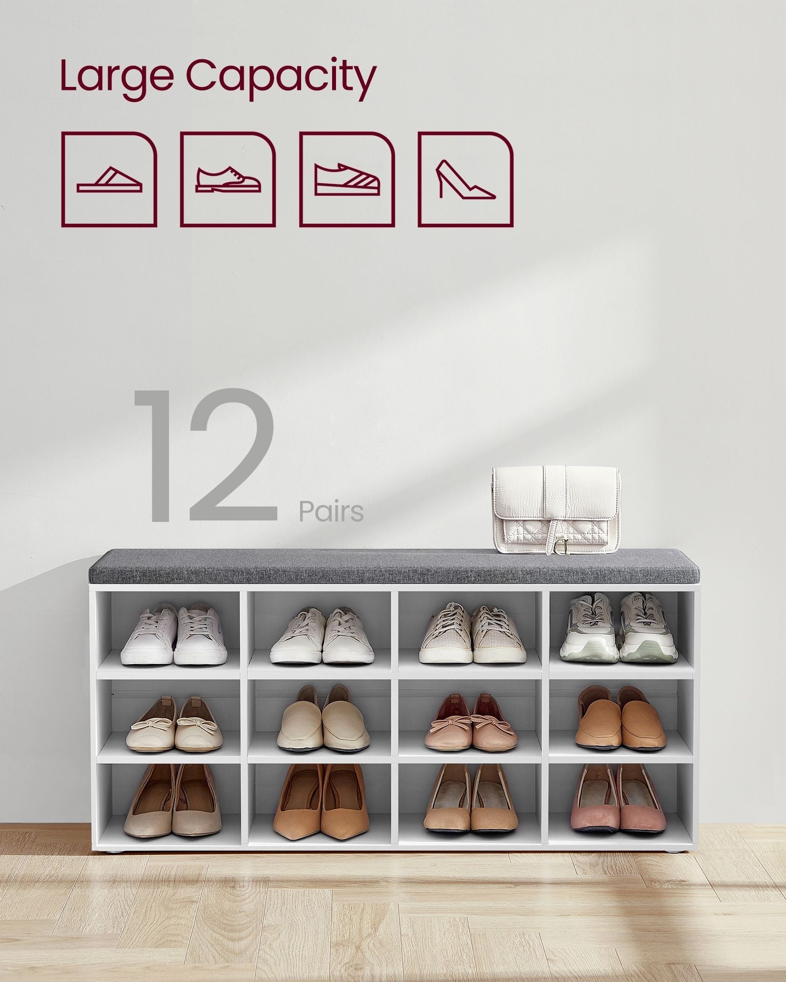 Shoe Bench - Wood - Classic White - Padded Seat with 12 Adjustable Compartments