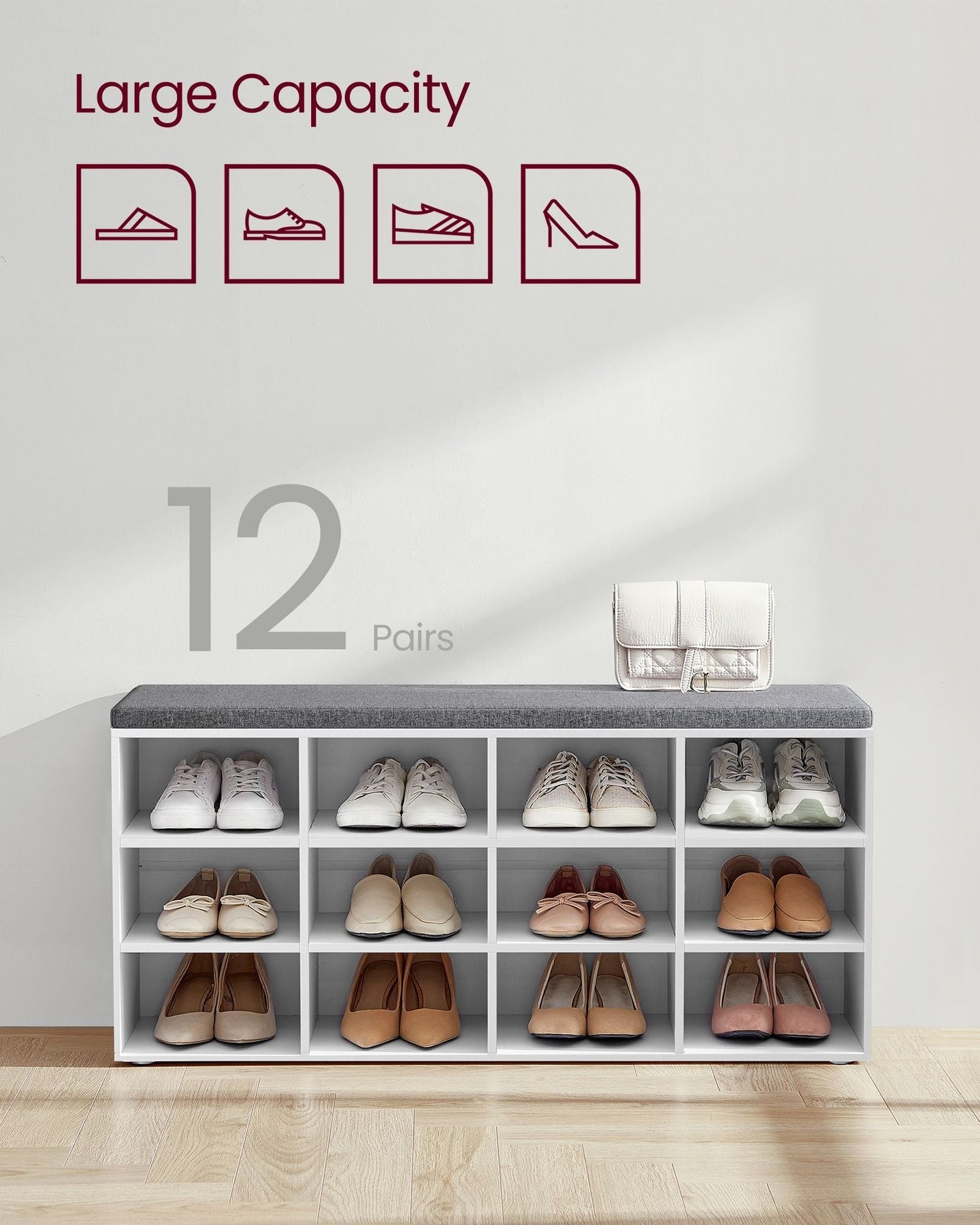 Shoe Bench - Wood - Classic White - Padded Seat with 12 Adjustable Compartments