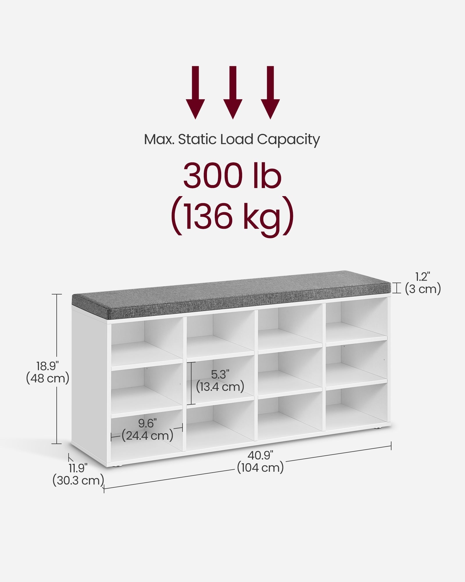 Shoe Bench - Wood - Classic White - Padded Seat with 12 Adjustable Compartments
