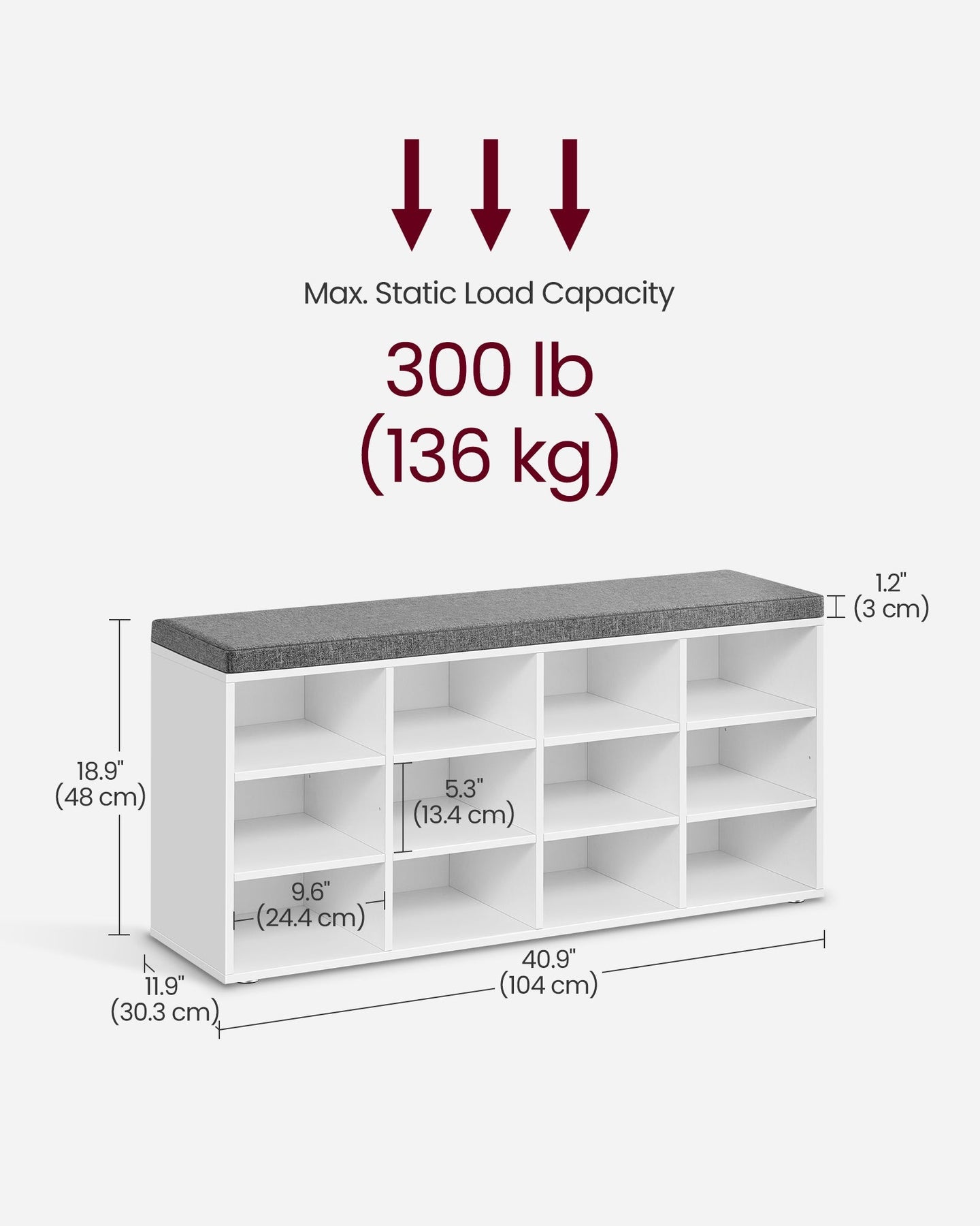 Shoe Bench - Wood - Classic White - Padded Seat with 12 Adjustable Compartments