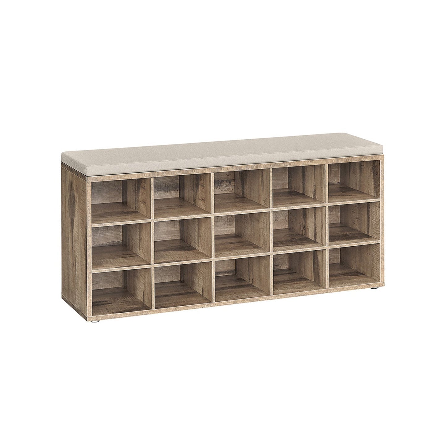 Shoe Bench - Wood - Camel Brown - 15 Open Storage Compartments with Cushion