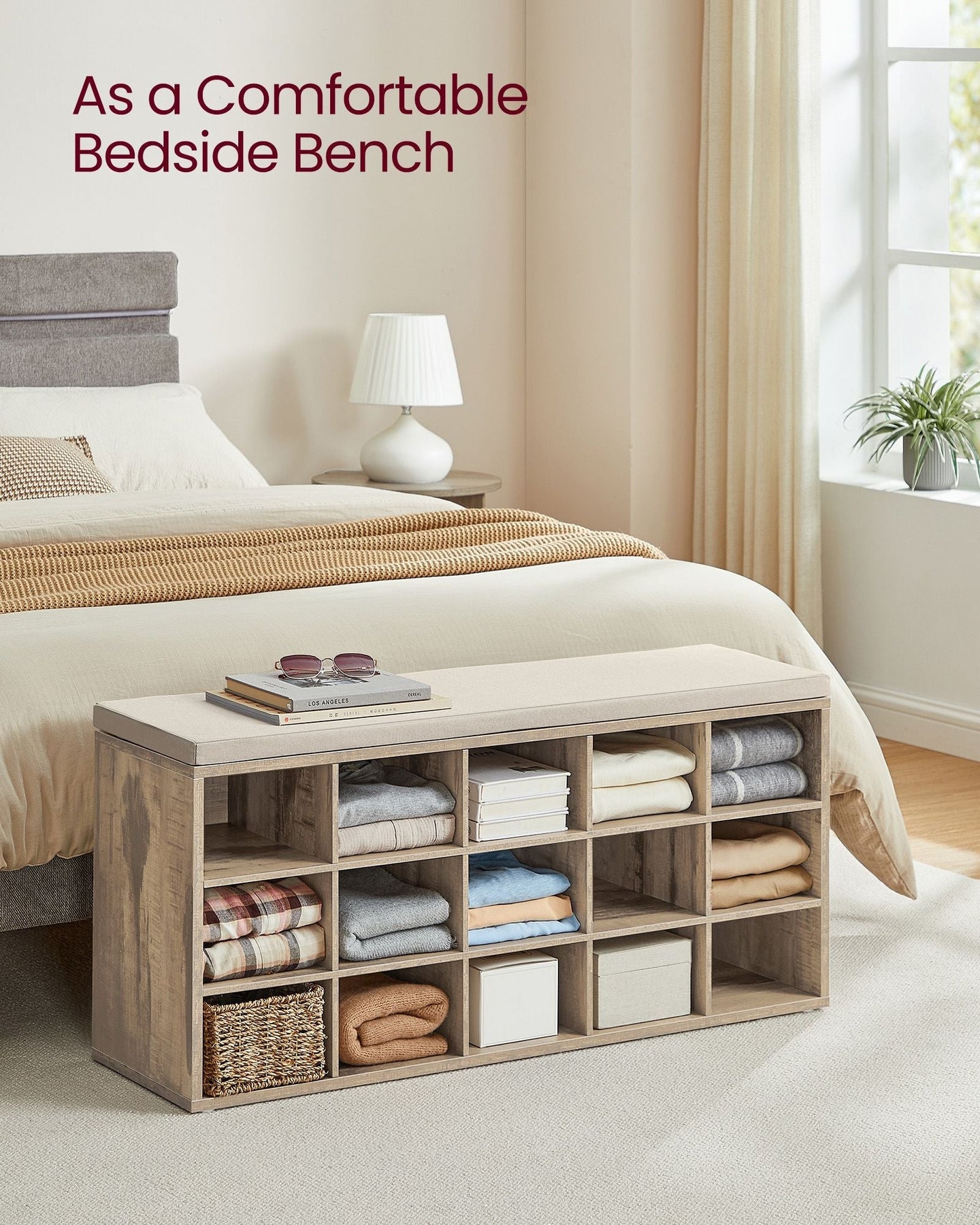 Shoe Bench - Wood - Camel Brown - 15 Open Storage Compartments with Cushion