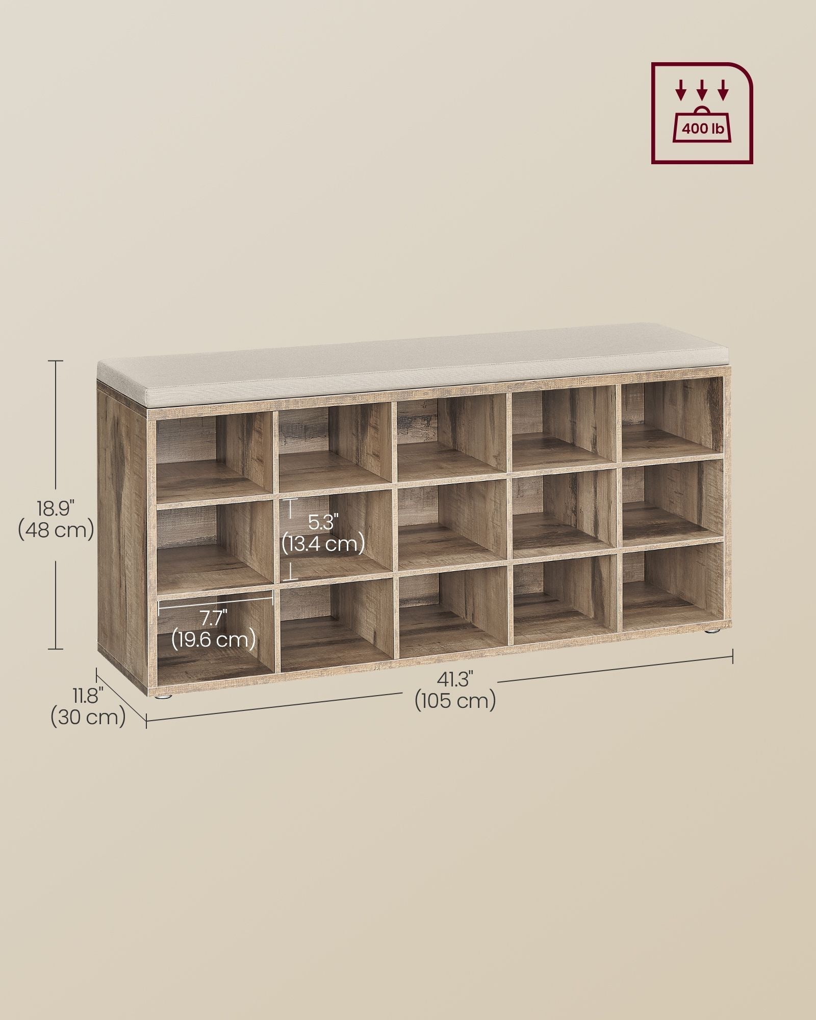 Shoe Bench - Wood - Camel Brown - 15 Open Storage Compartments with Cushion
