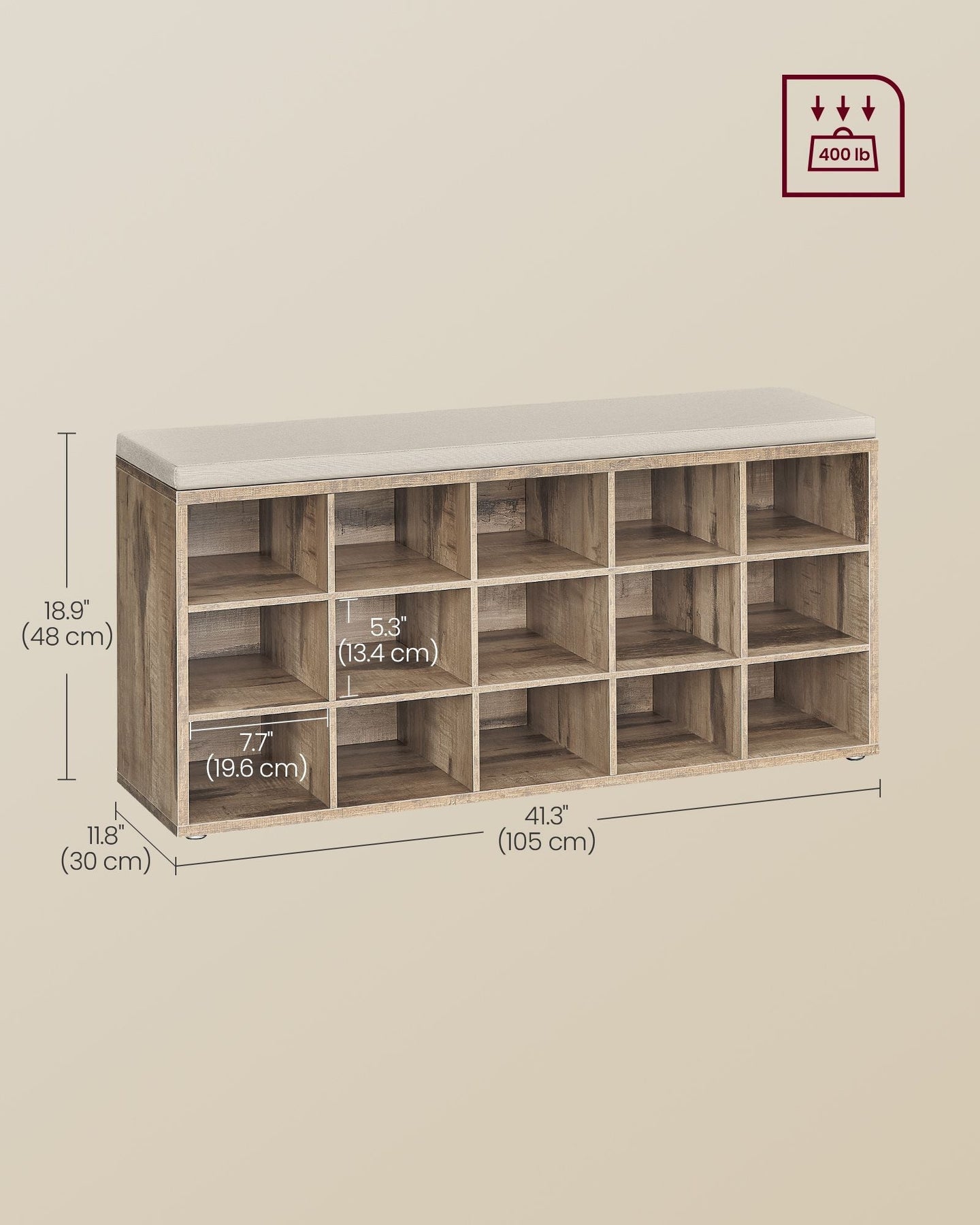 Shoe Bench - Wood - Camel Brown - 15 Open Storage Compartments with Cushion
