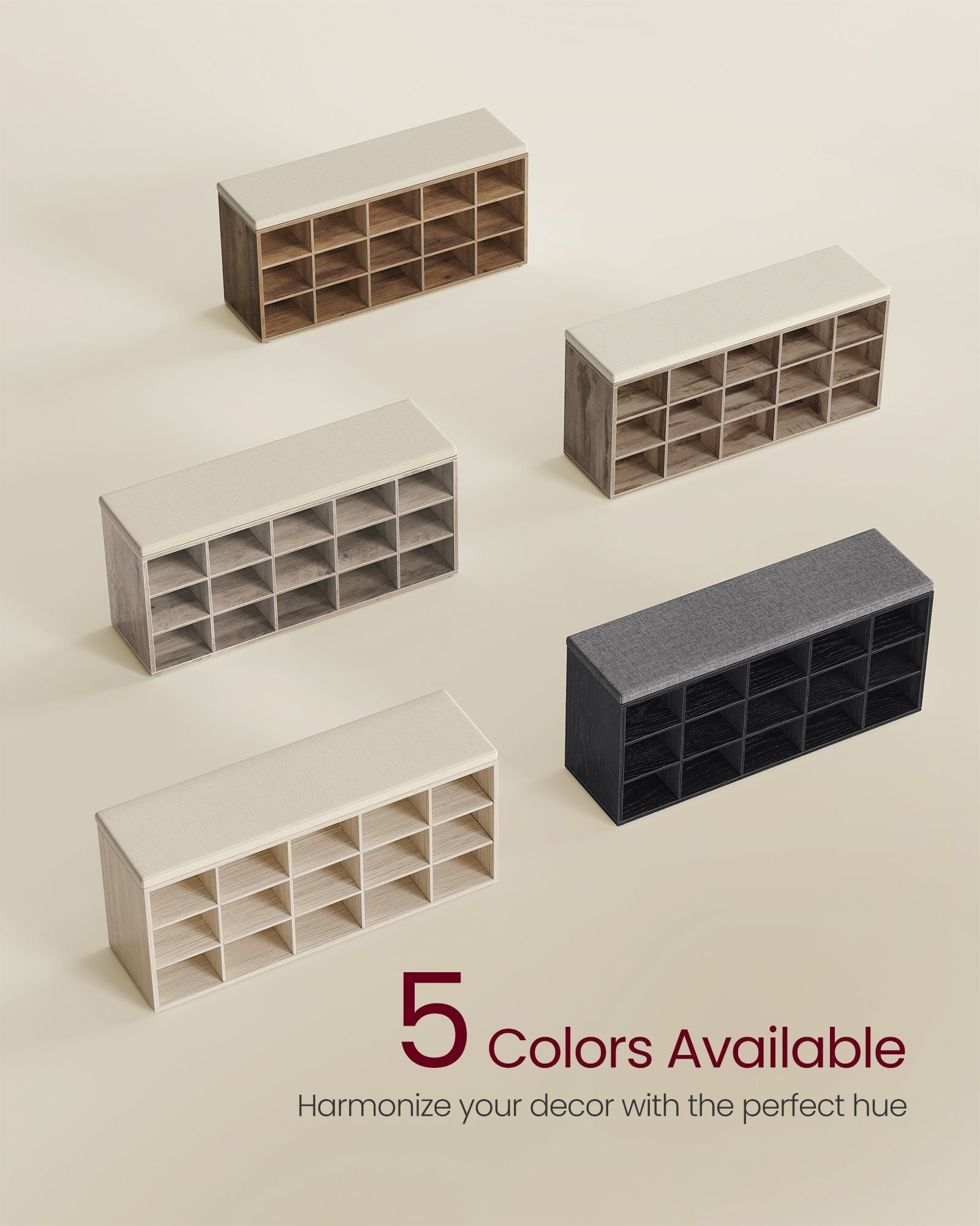 Shoe Bench - Wood - Camel Brown - 15 Open Storage Compartments with Cushion