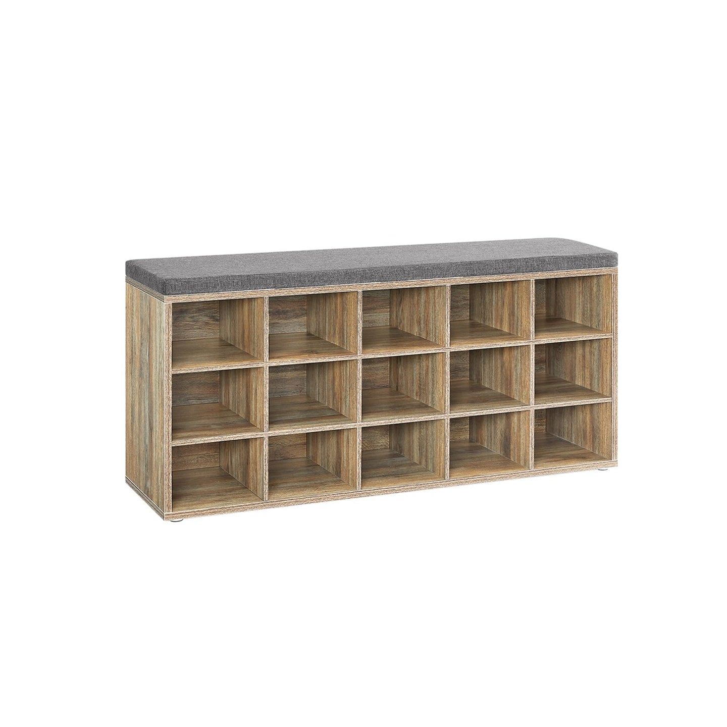 Shoe Storage Bench - Wood - Natural - 15 Open Compartments with Cushion
