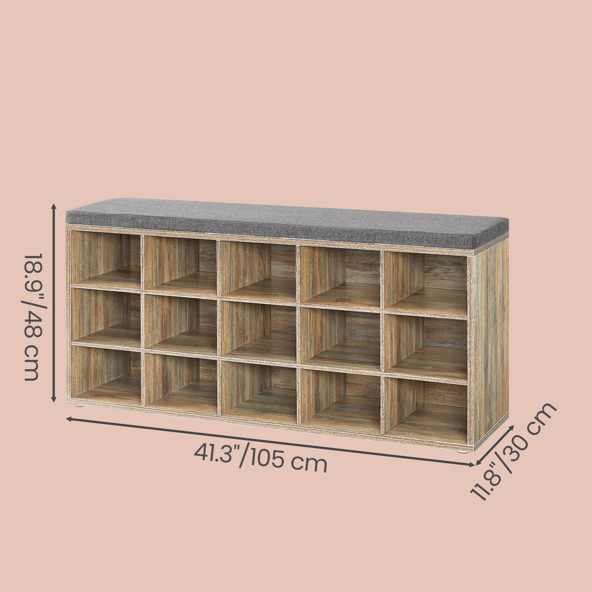 Shoe Bench - Wood - Natural Finish - Padded Seat with 15 Compartment Storage