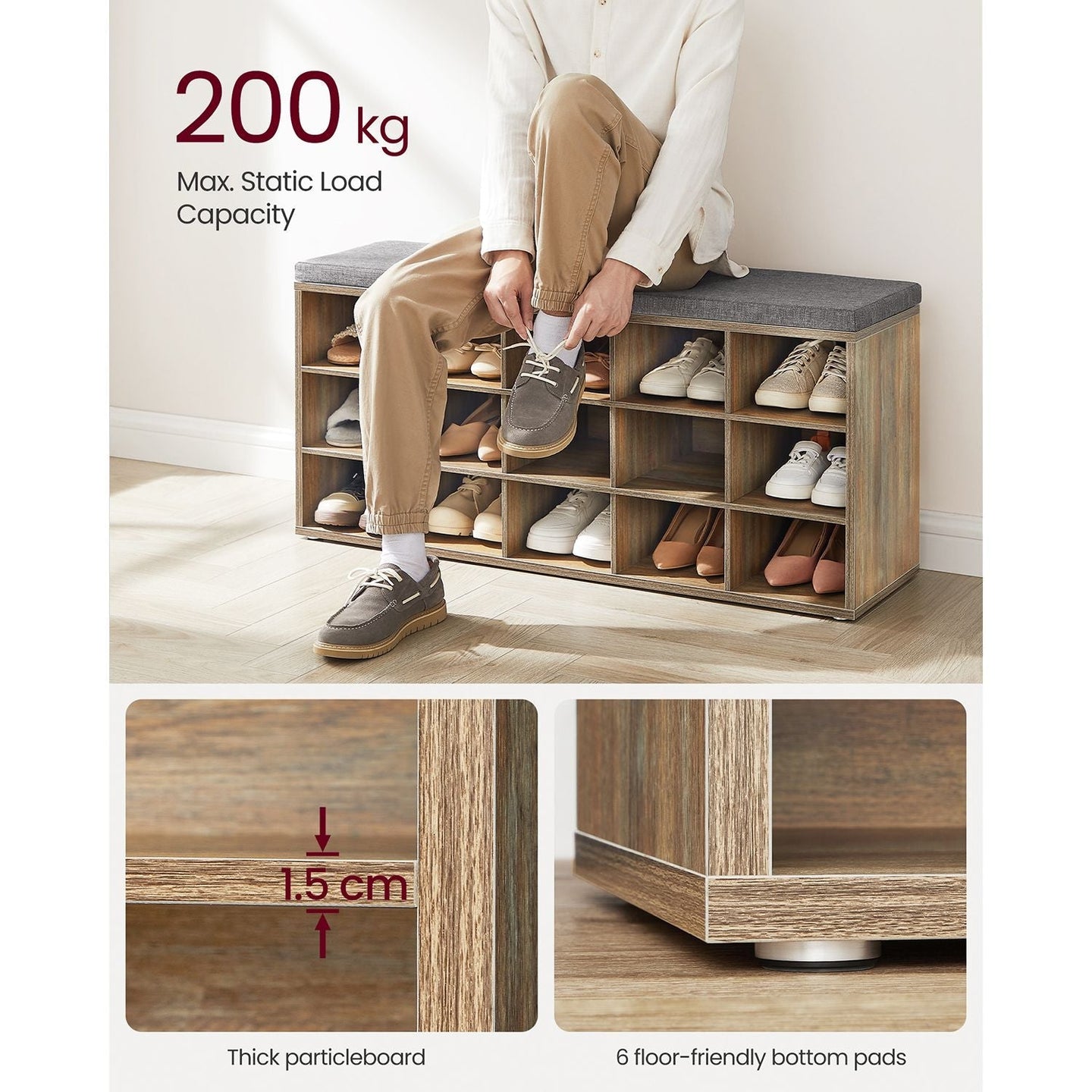 Shoe Storage Bench - Wood - Natural - 15 Open Compartments with Cushion