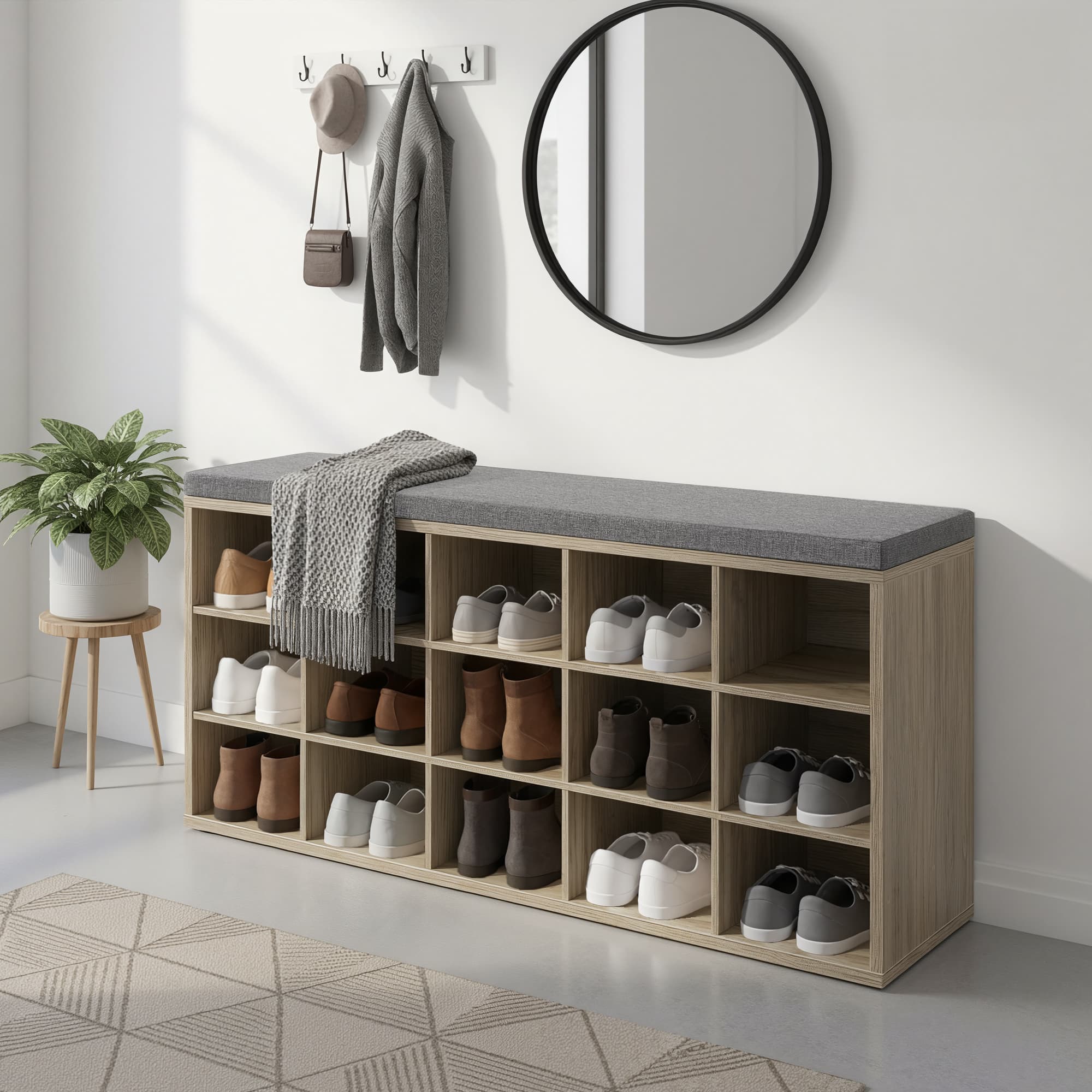 Shoe Bench - Wood - Natural Finish - Padded Seat with 15 Compartment Storage
