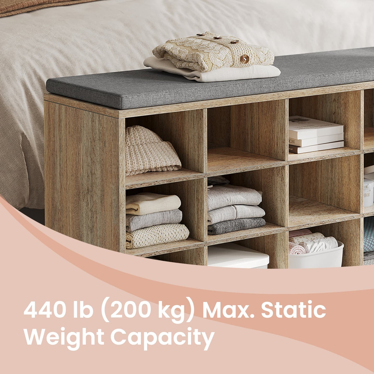 Shoe Bench - Wood - Natural Finish - Padded Seat with 15 Compartment Storage