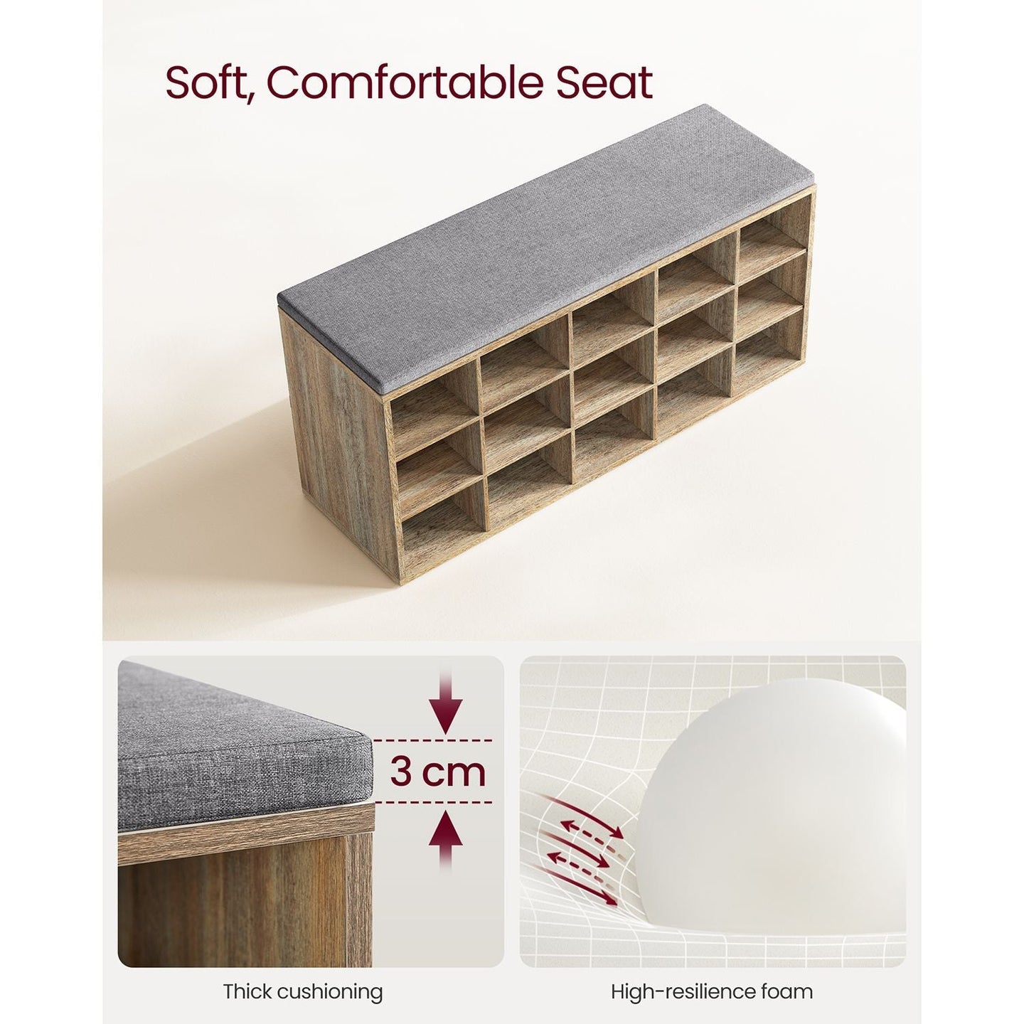 Shoe Storage Bench - Wood - Natural - 15 Open Compartments with Cushion