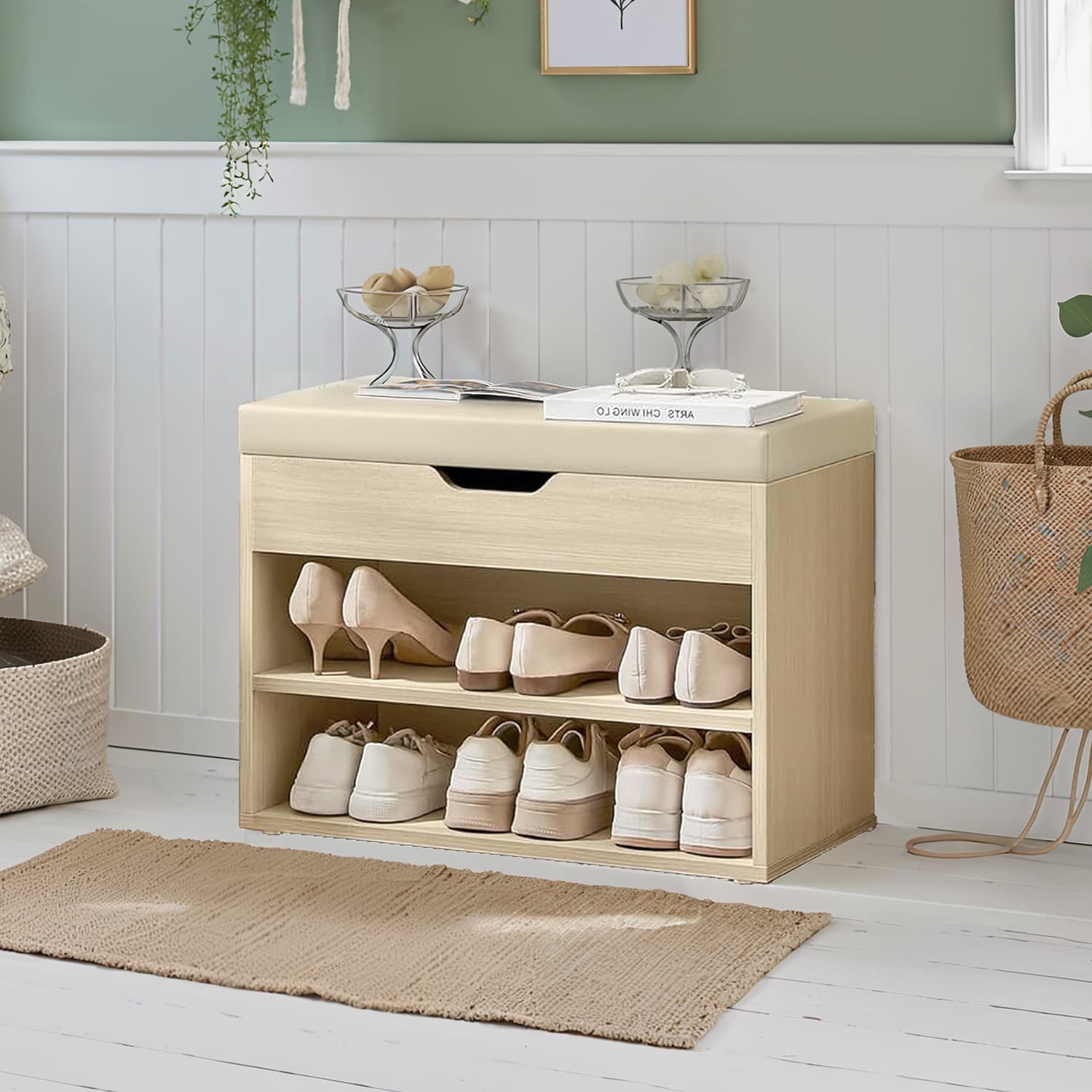 Shoe Storage Bench - Wood - Natural Beige - Cushioned Seat with 3 Storage Compartments