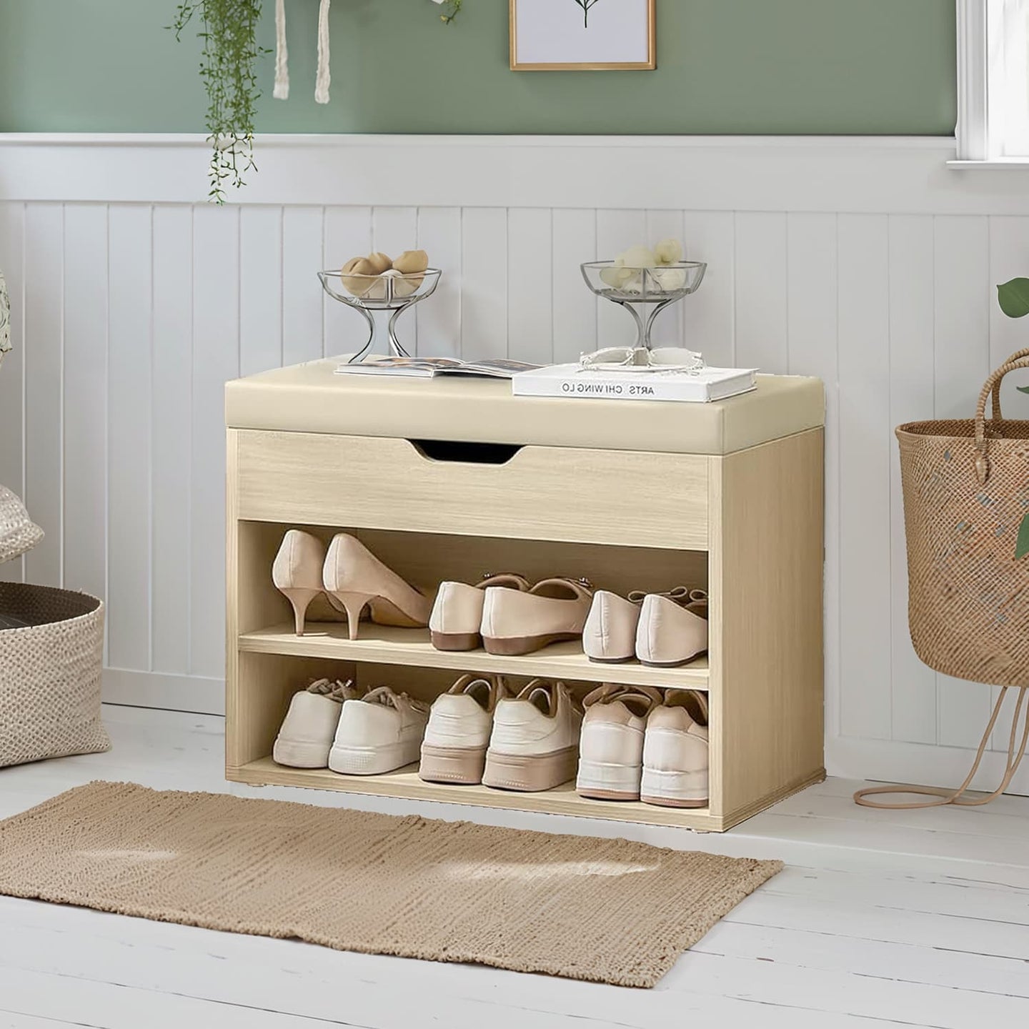 Shoe Storage Bench - Wood - Natural Beige - Cushioned Seat with 3 Storage Compartments