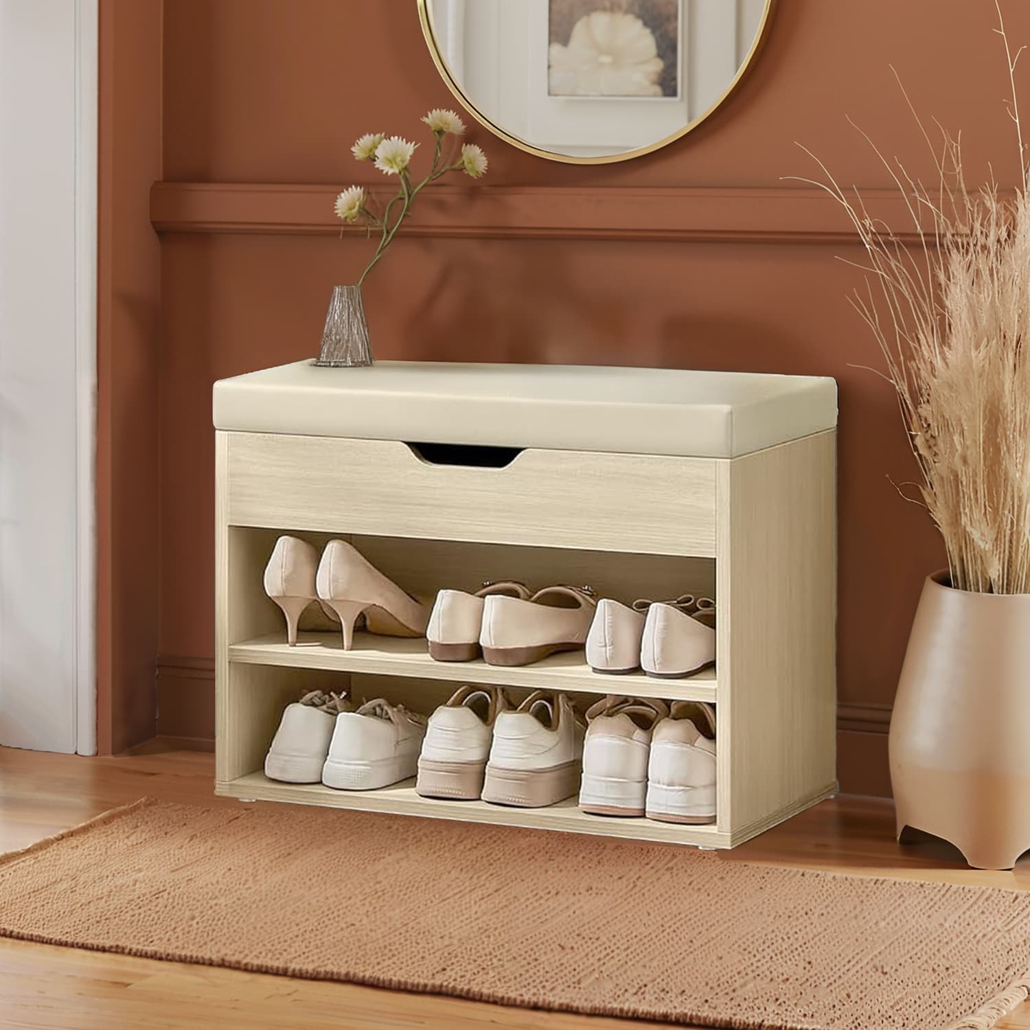 Shoe Storage Bench - Wood - Natural Beige - Cushioned Seat with 3 Storage Compartments
