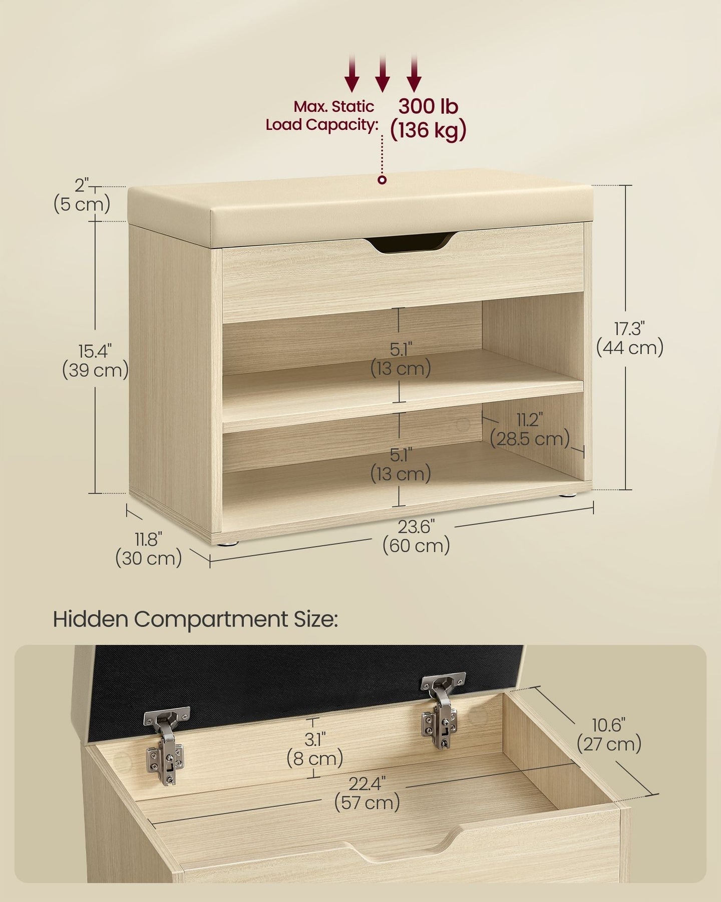 Shoe Bench - Fabric - Natural Beige - Padded Seat