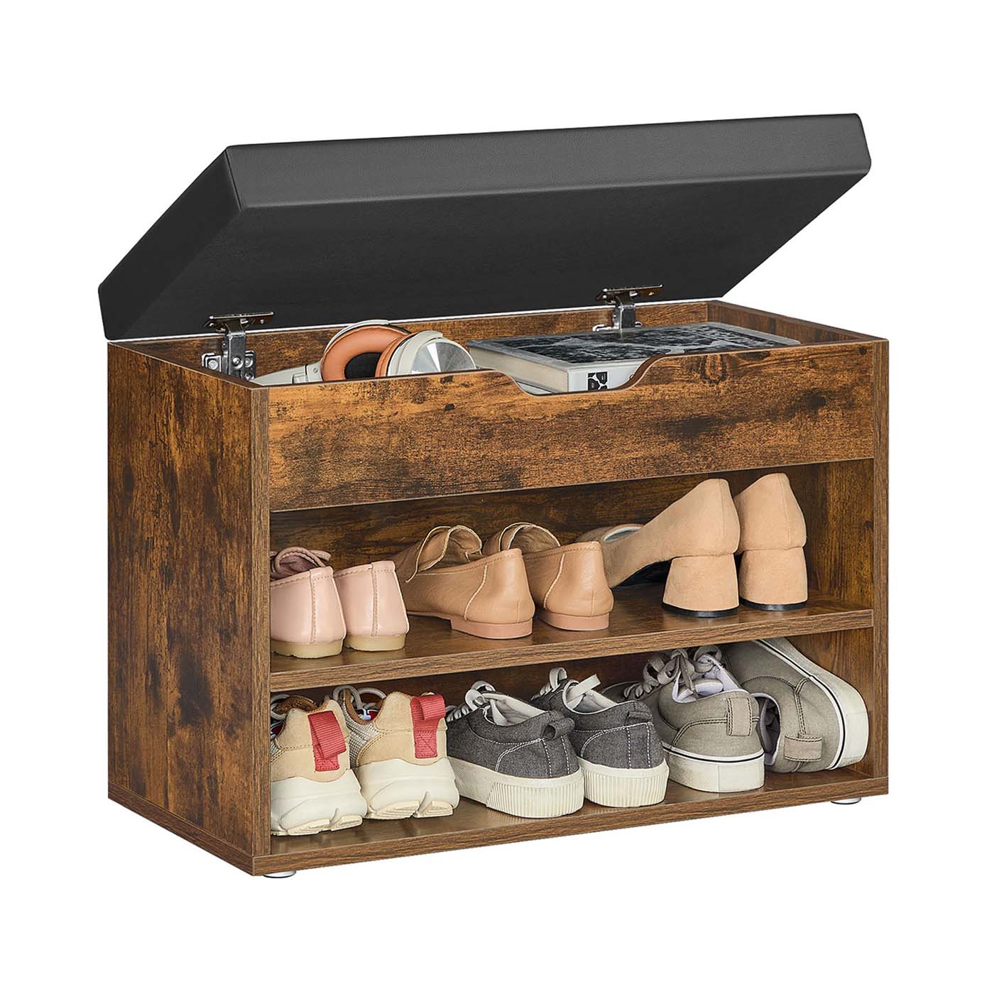 Shoe Bench - Wood - Rustic Brown - Cushioned Seating with 3 Compartments