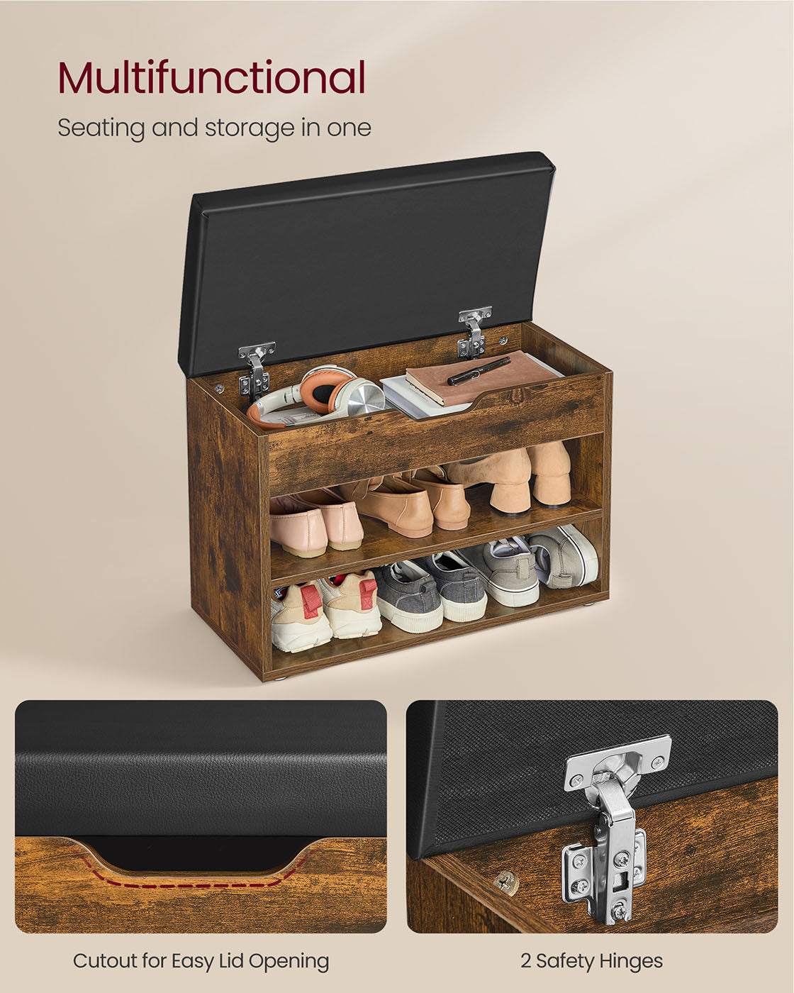 Shoe Bench - Wood - Rustic Brown - Cushioned Seating with 3 Compartments